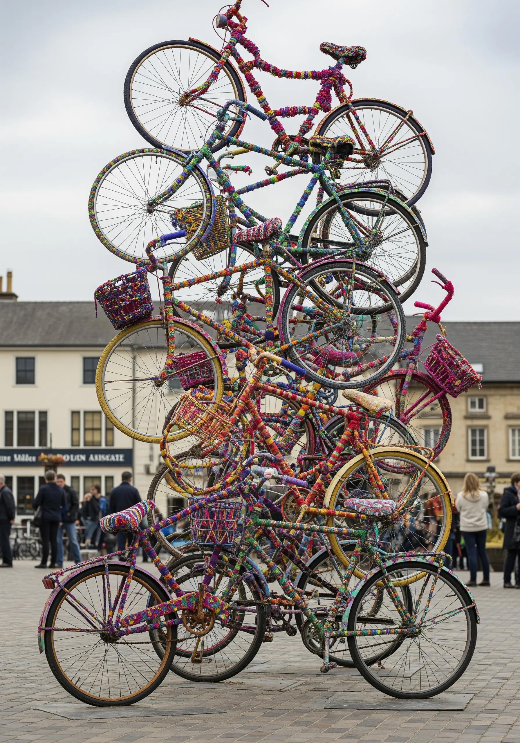 A tall sculpture made from numerous bicycles completely wrapped in colorful yarn.