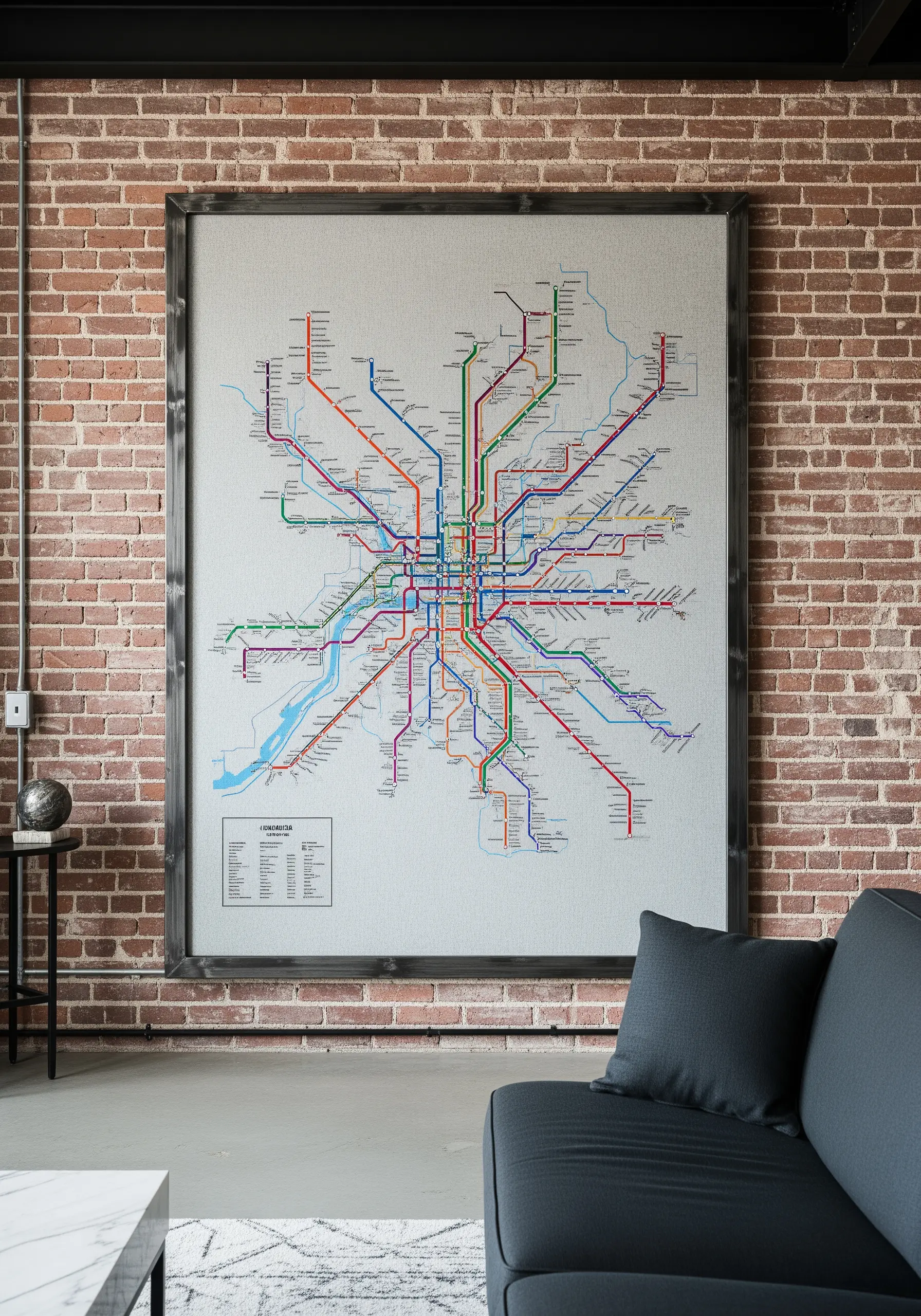 A large, framed embroidery of a colorful subway map on a neutral linen background.