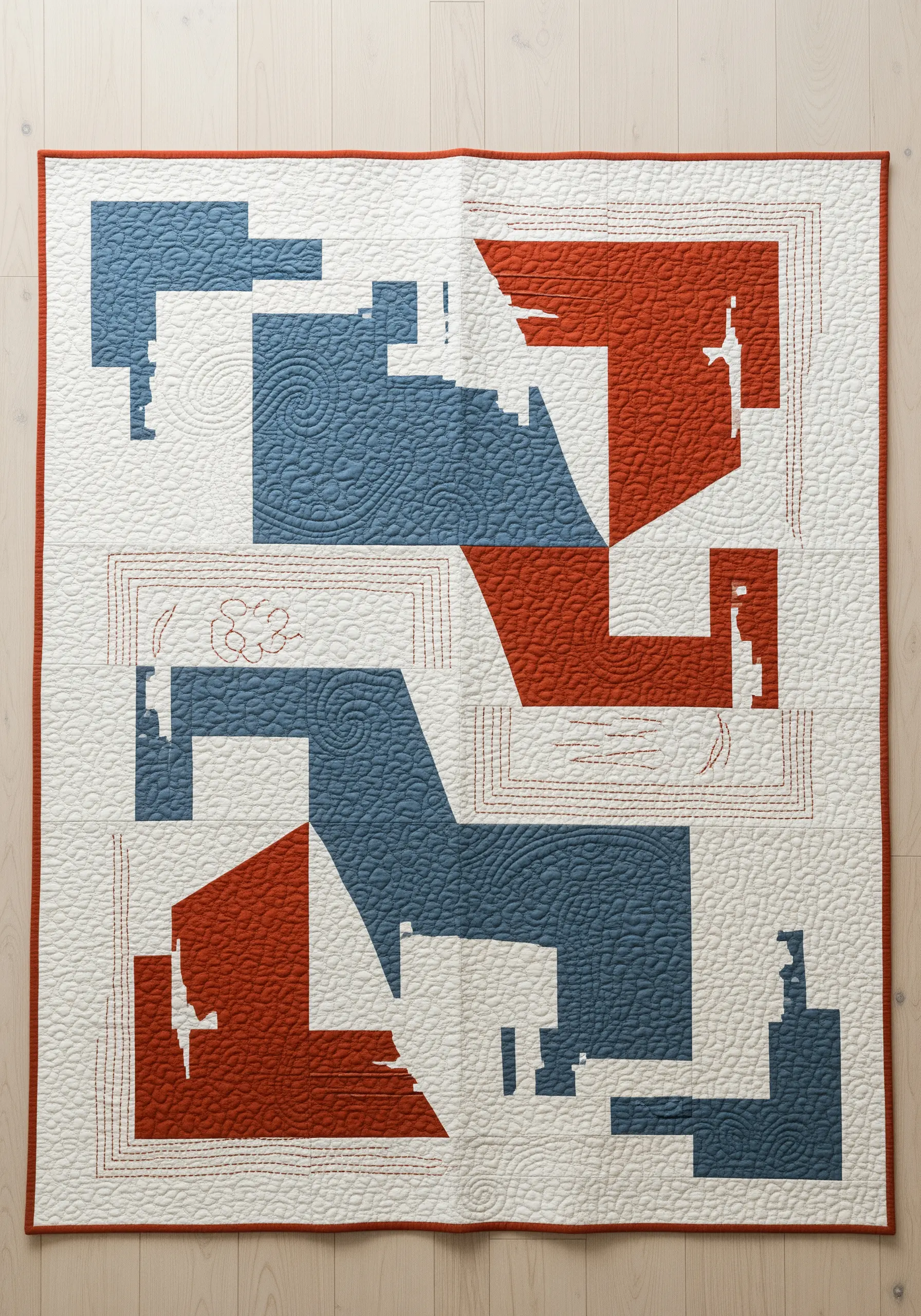 Modern quilt with abstract blue and red shapes and decorative echo quilting stitches.