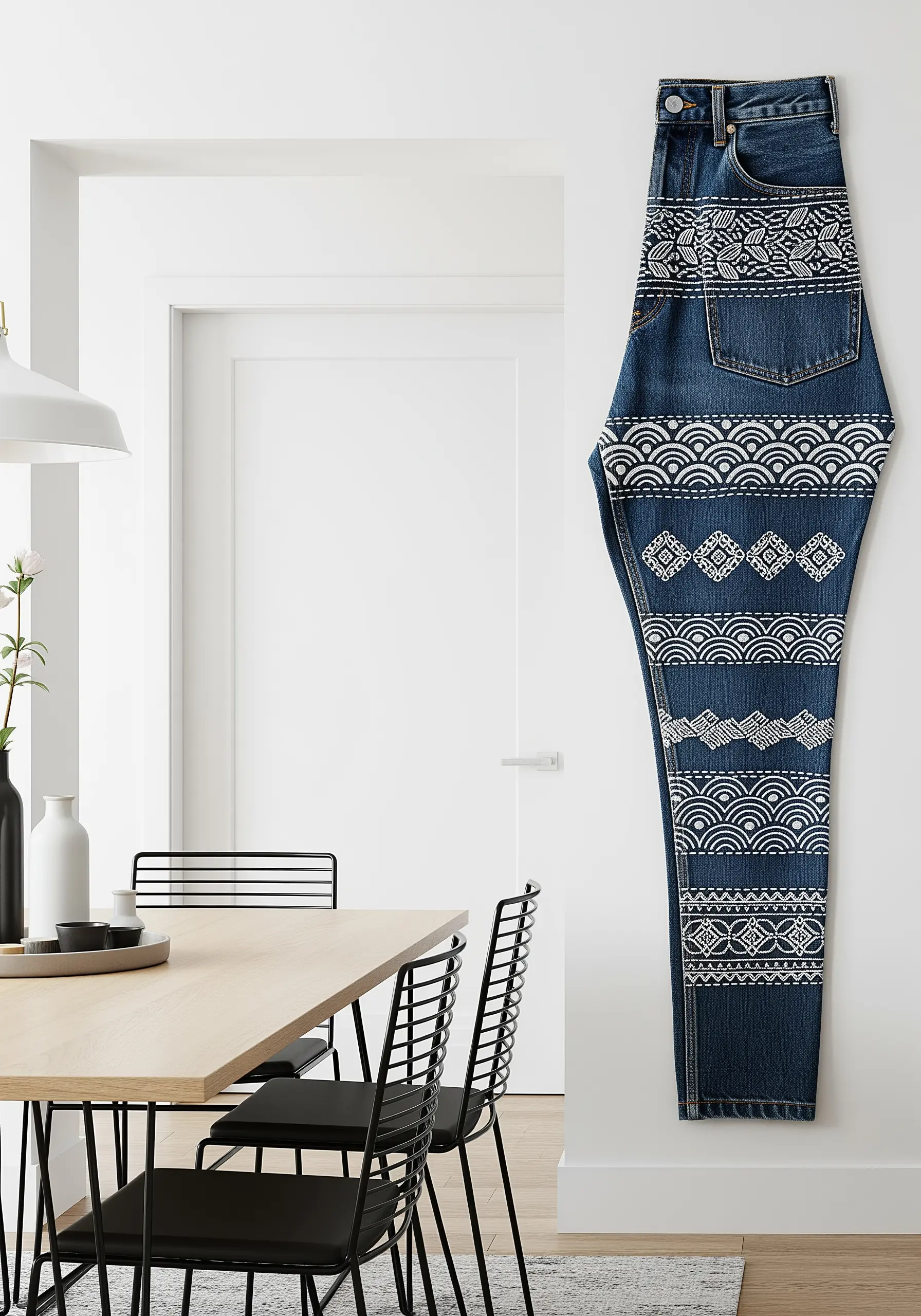 Single denim jean leg embroidered with white geometric patterns, hung as wall art.