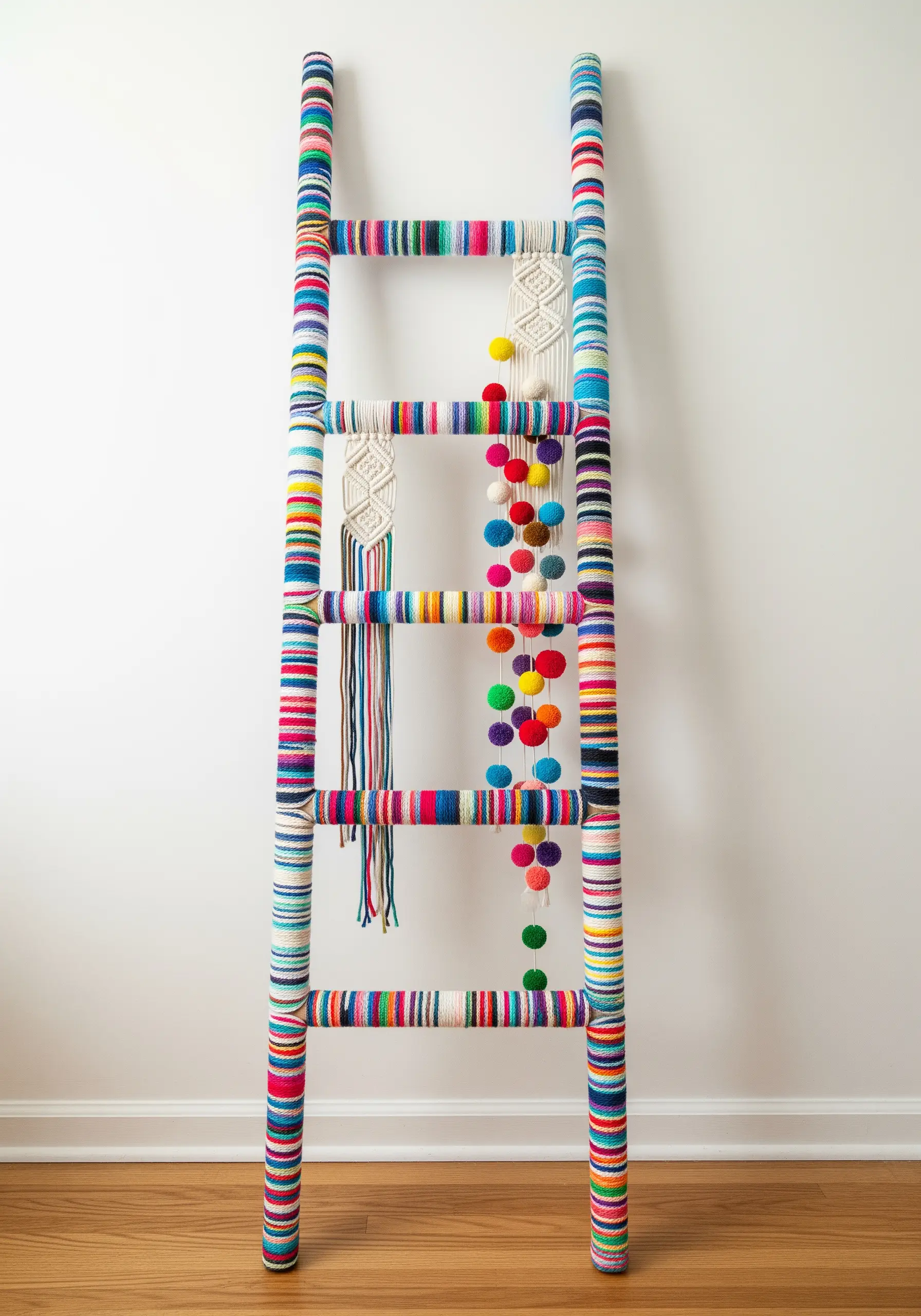 A wooden ladder completely wrapped in colorful striped yarn, with pom-poms hanging from a rung.