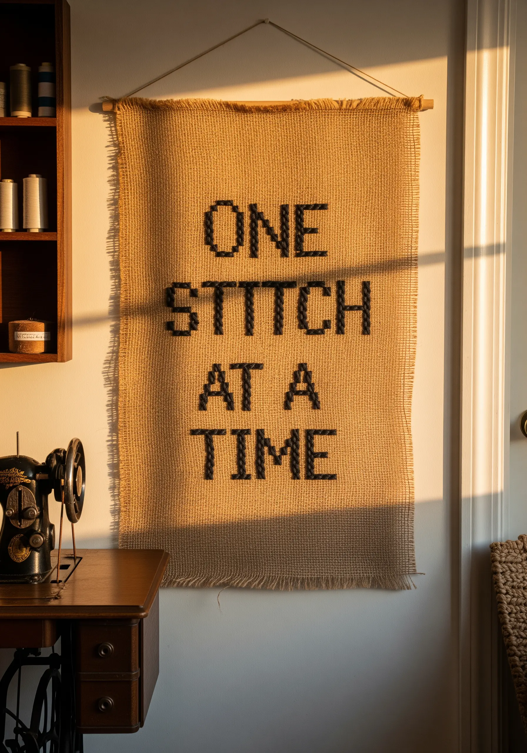 Black geometric cross-stitch text on rustic burlap wall hanging