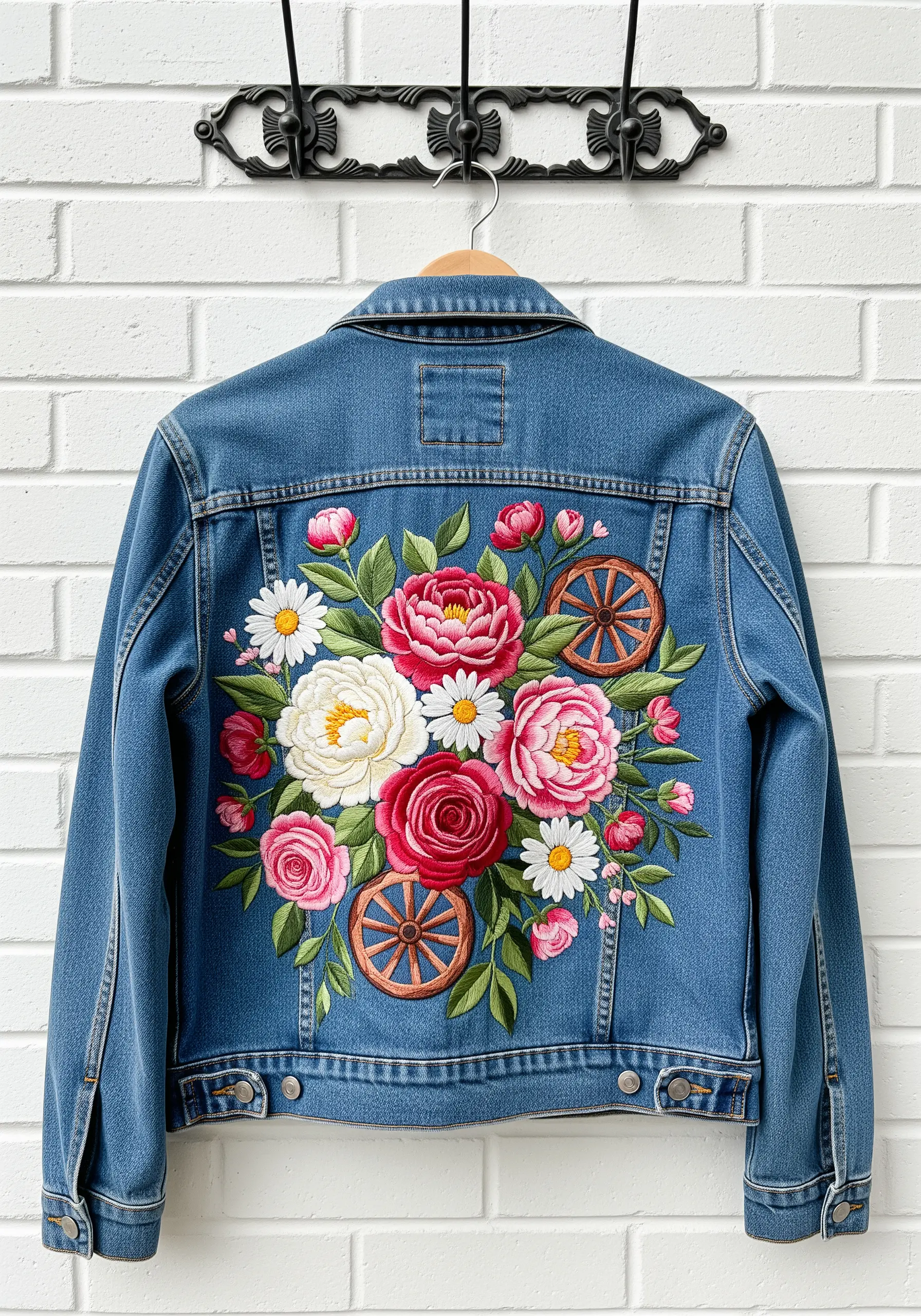 A large, vibrant floral bouquet with wagon wheels embroidered on the back of a denim jacket.