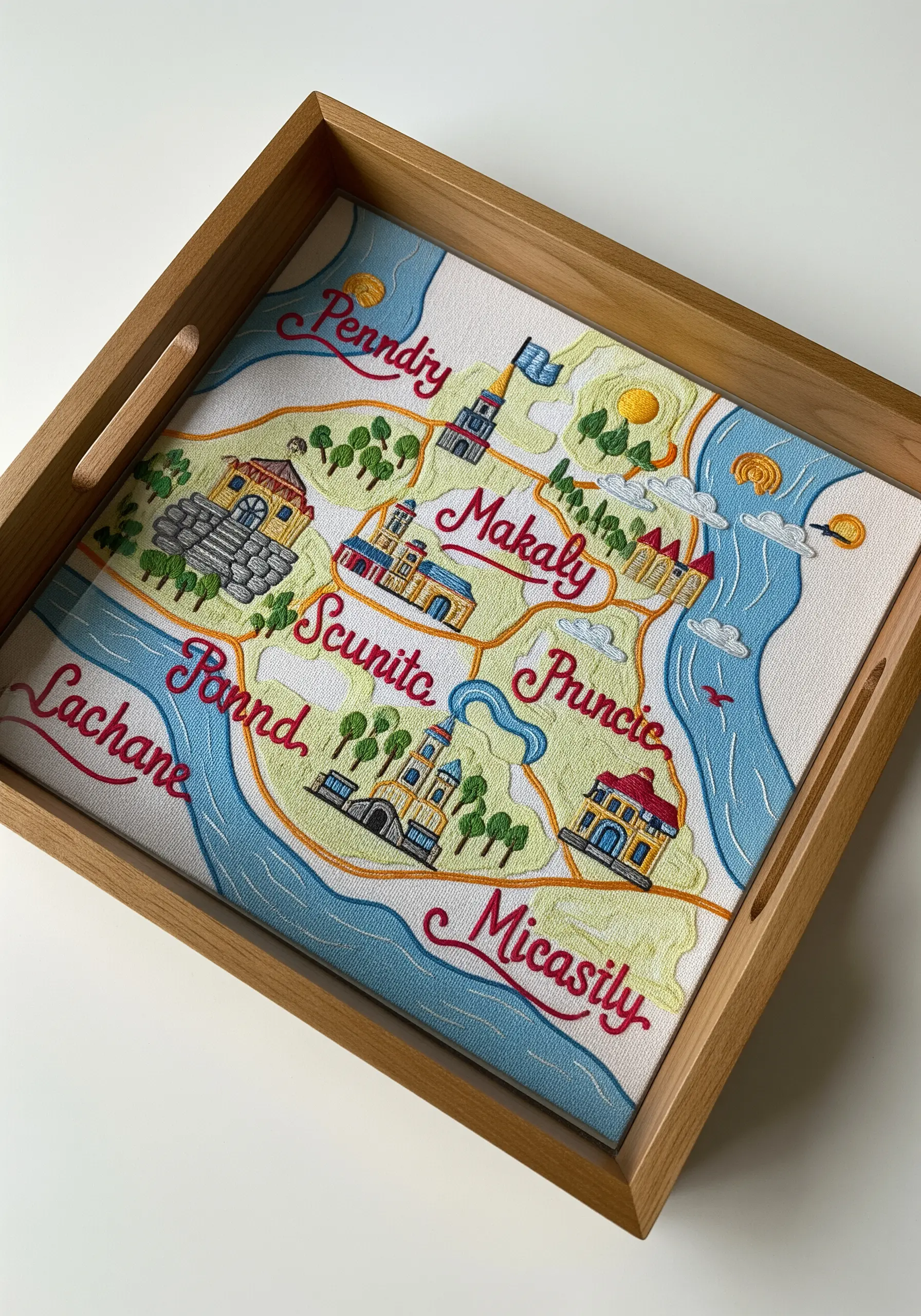An embroidered map of a fictional place mounted inside a square wooden serving tray.