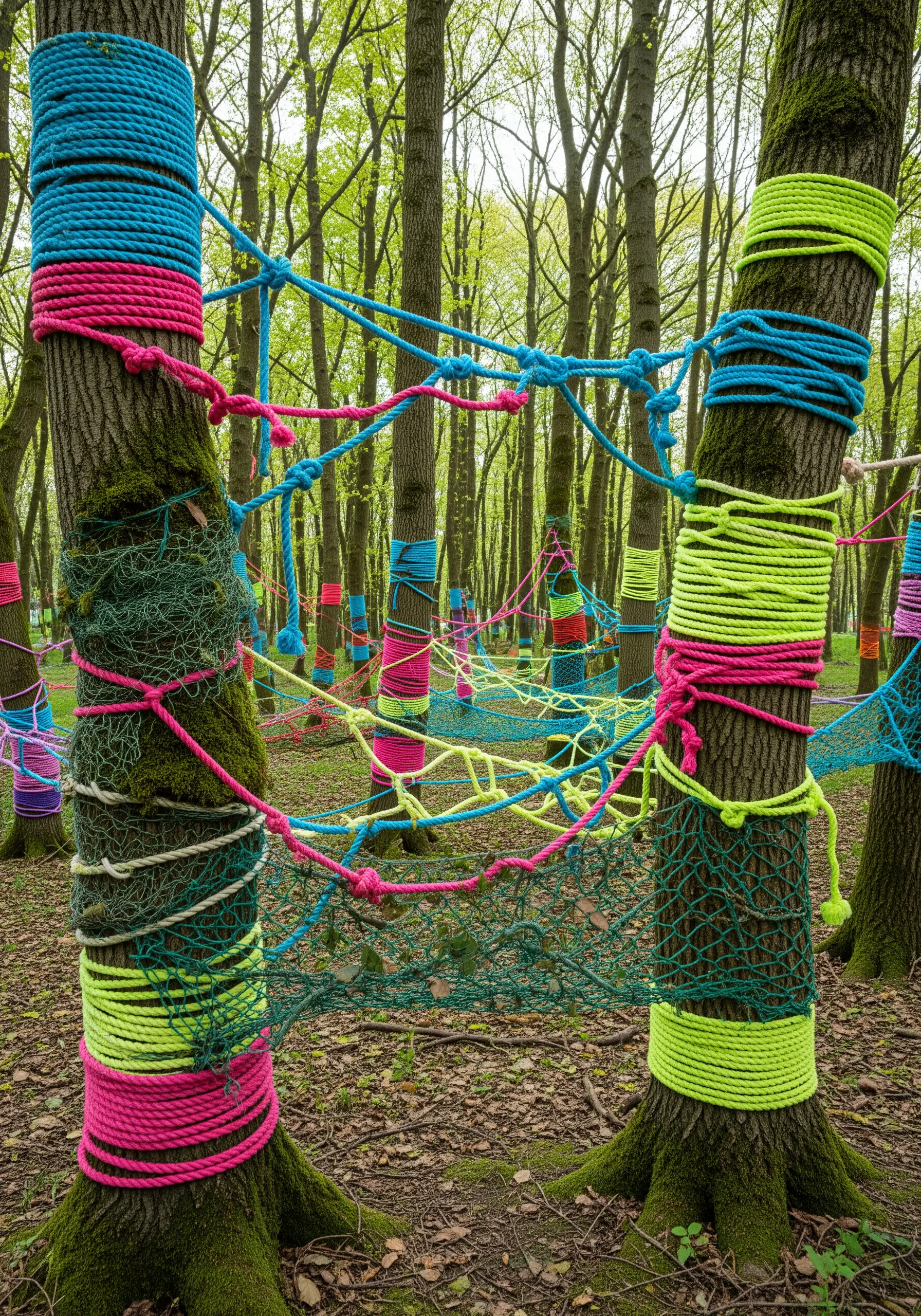 Trees in a forest wrapped in colorful neon pink, blue, and lime green ropes and nets.
