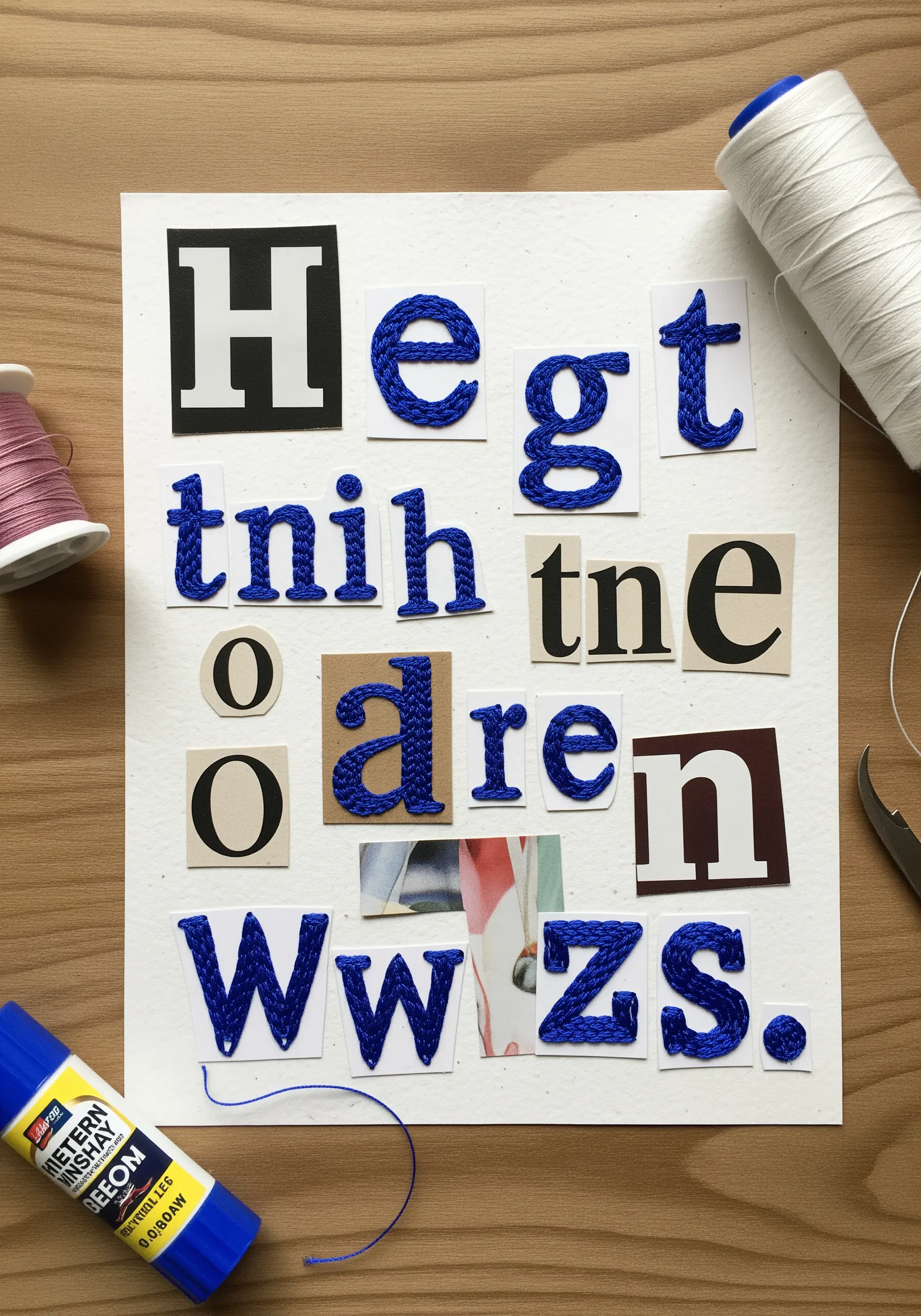 Collage of paper letters on cardstock, with several letters completely filled in with blue satin stitch.