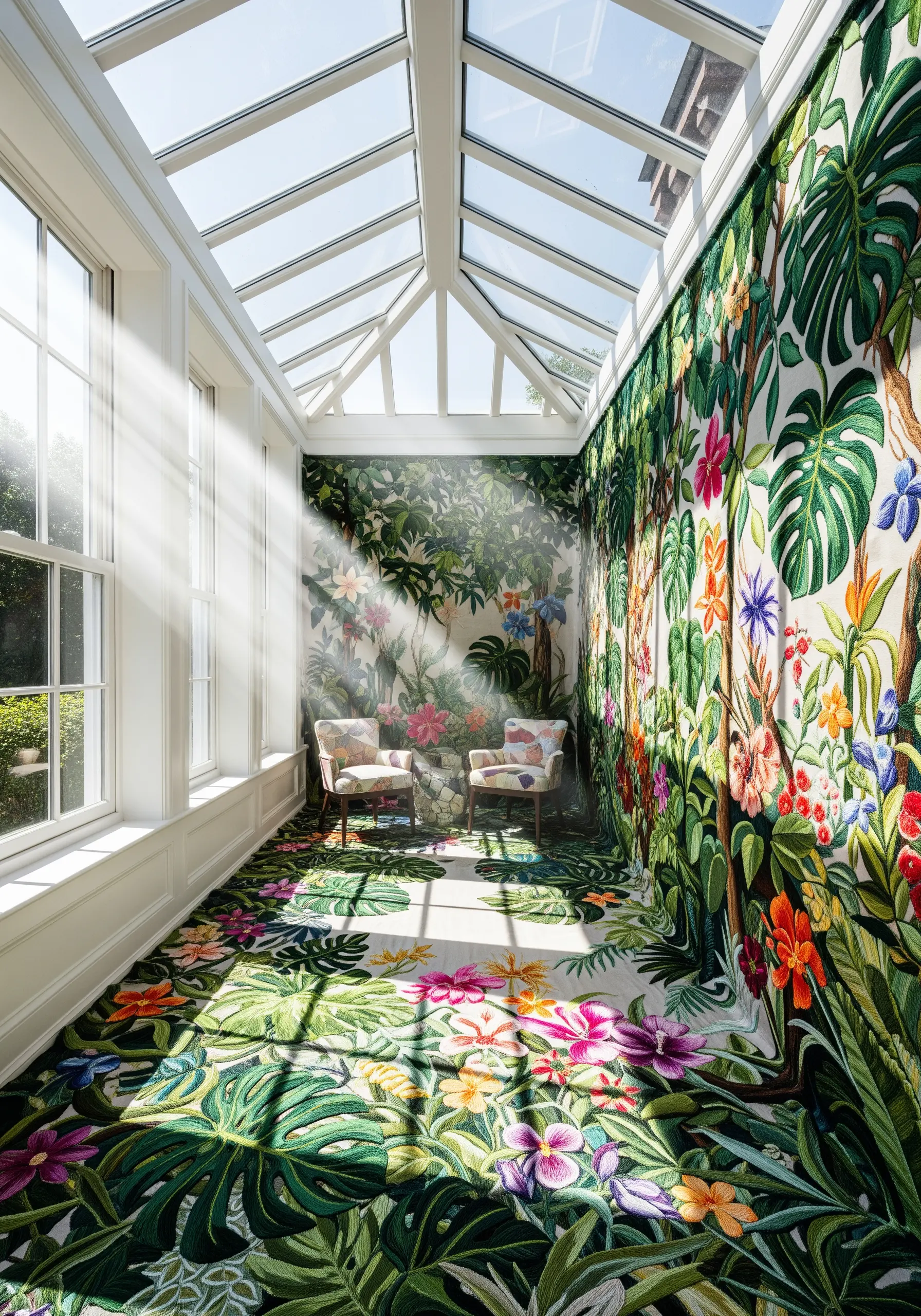 Floor-to-ceiling botanical embroidery wall covering
