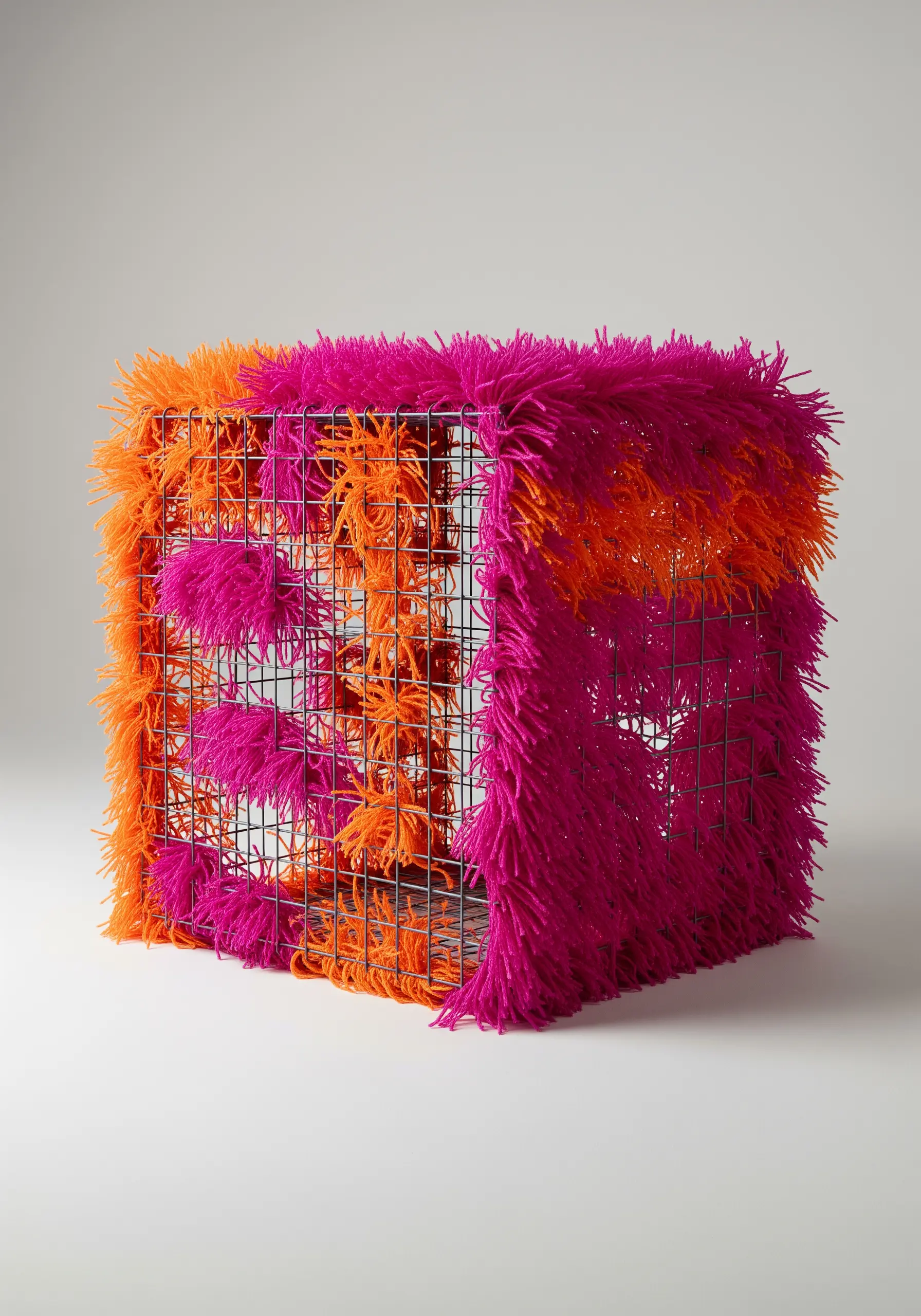 A wire mesh cube covered in vibrant pink and orange shaggy yarn.