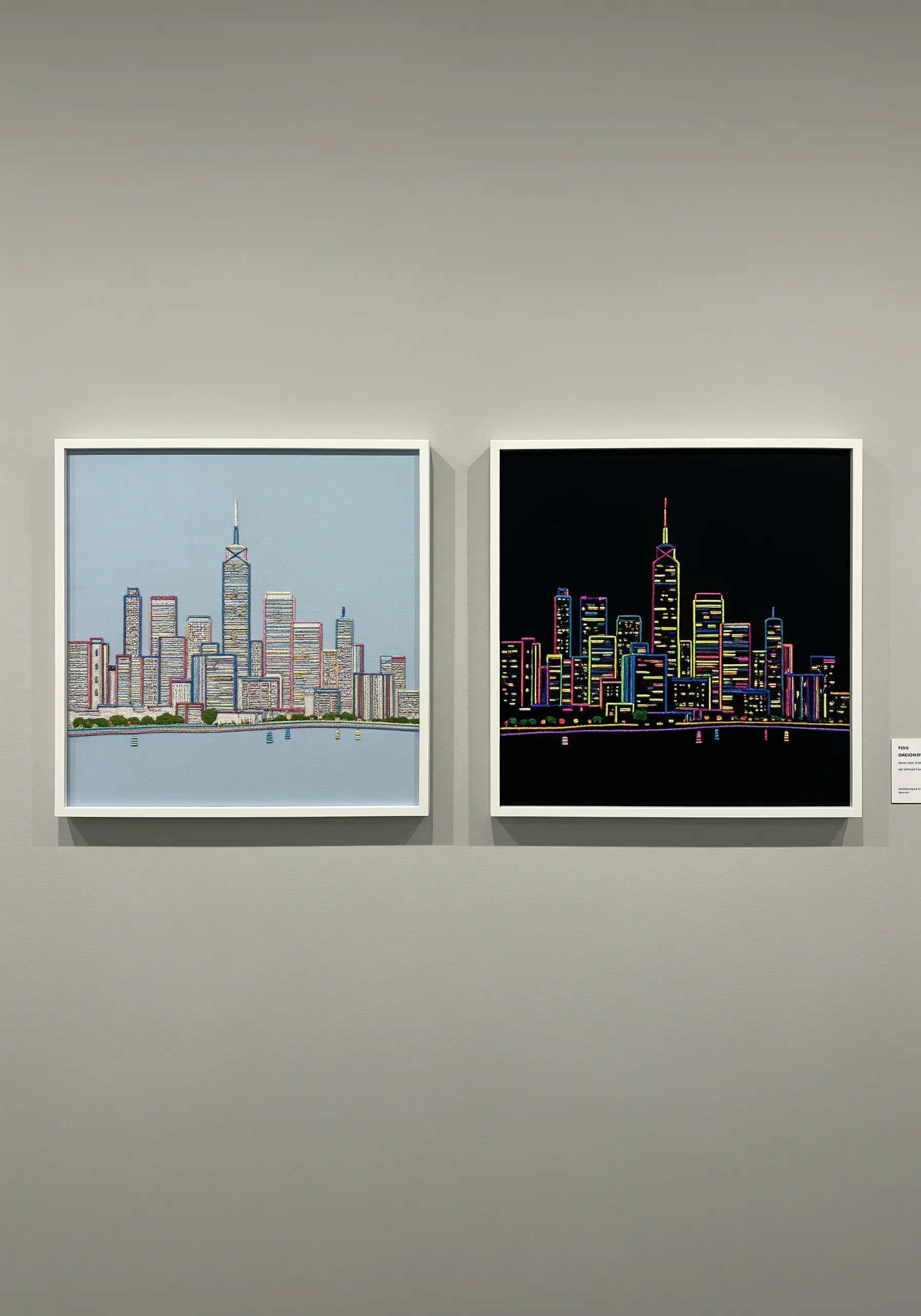 Two framed embroidery pieces: one realistic cityscape, one neon outline version.
