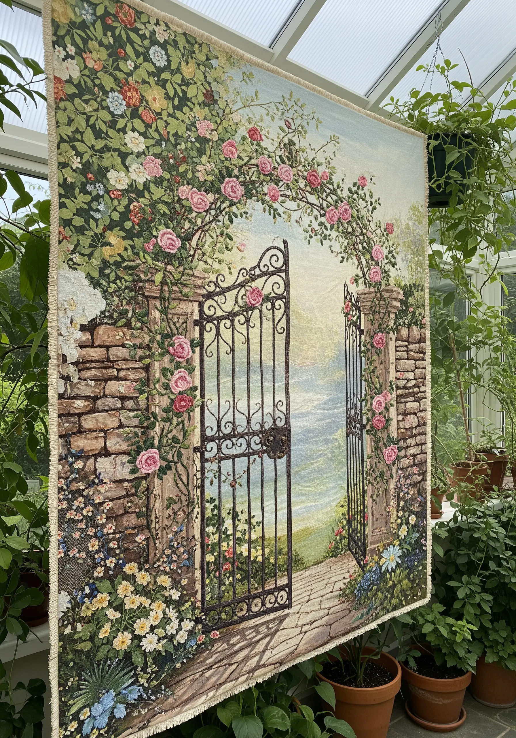 Woven tapestry of a garden gate with pink roses, inspiring painterly embroidery.