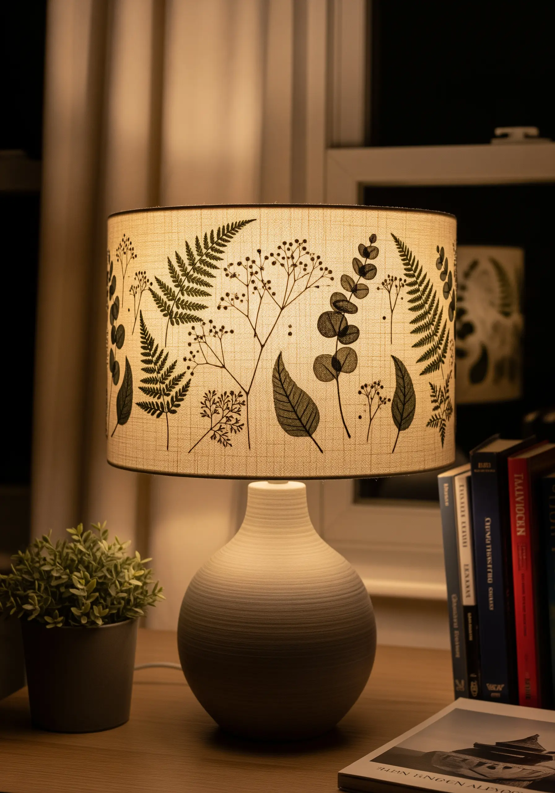 A linen lampshade featuring printed black silhouettes of ferns and eucalyptus.
