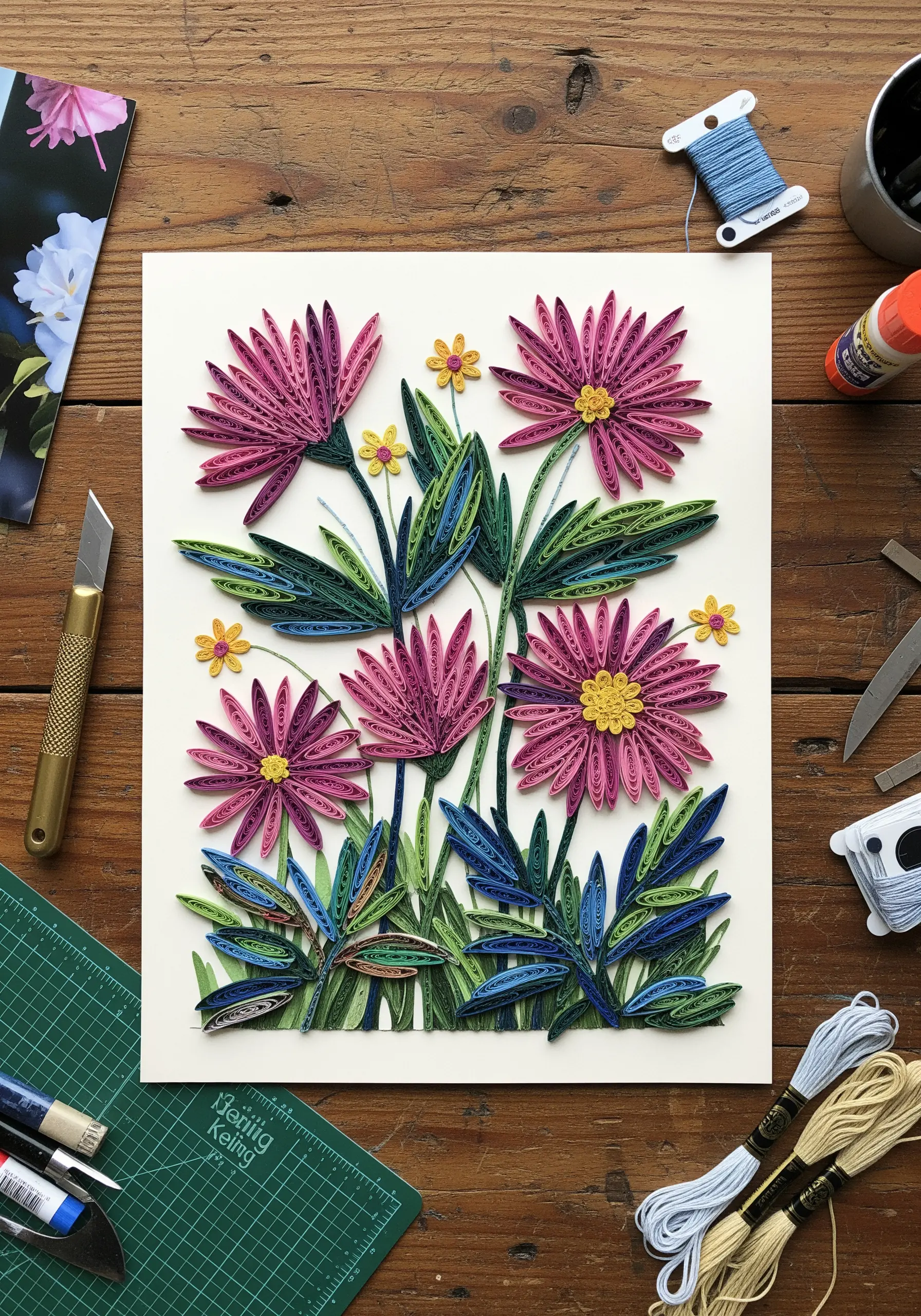 Paper quilling art of pink and yellow flowers on a white background, inspired by embroidery.