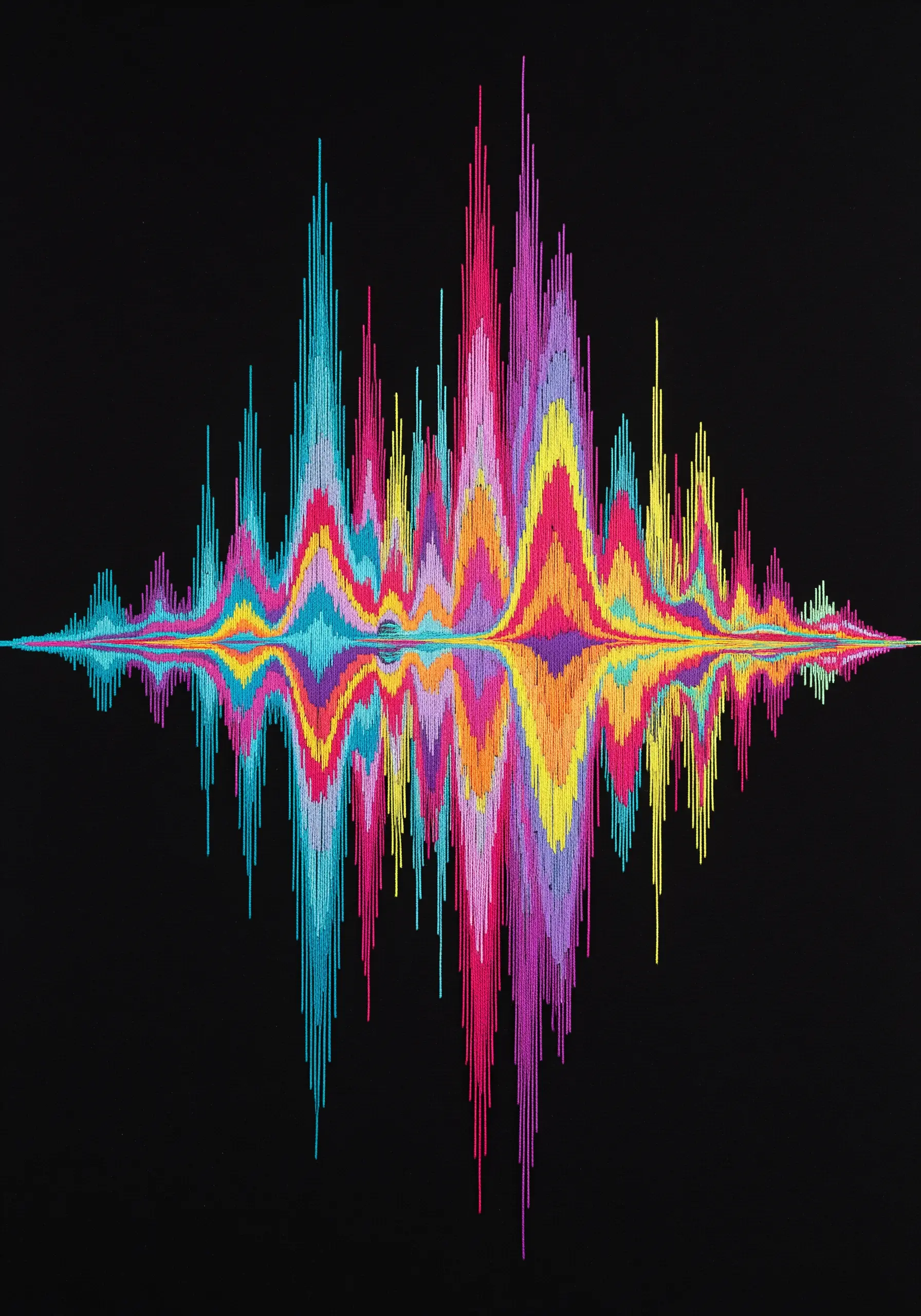 An embroidered soundwave with precise, colorful vertical stitches on a black background.