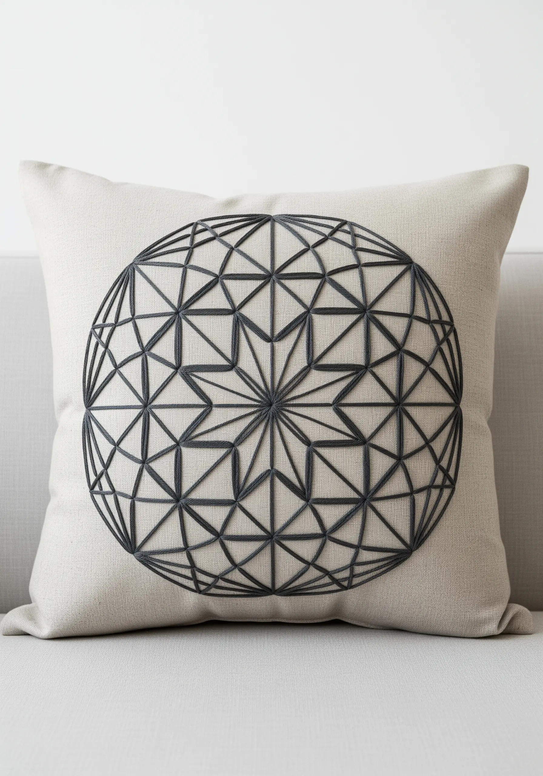 A geometric mandala stitched in dark gray thread on a neutral linen throw pillow.