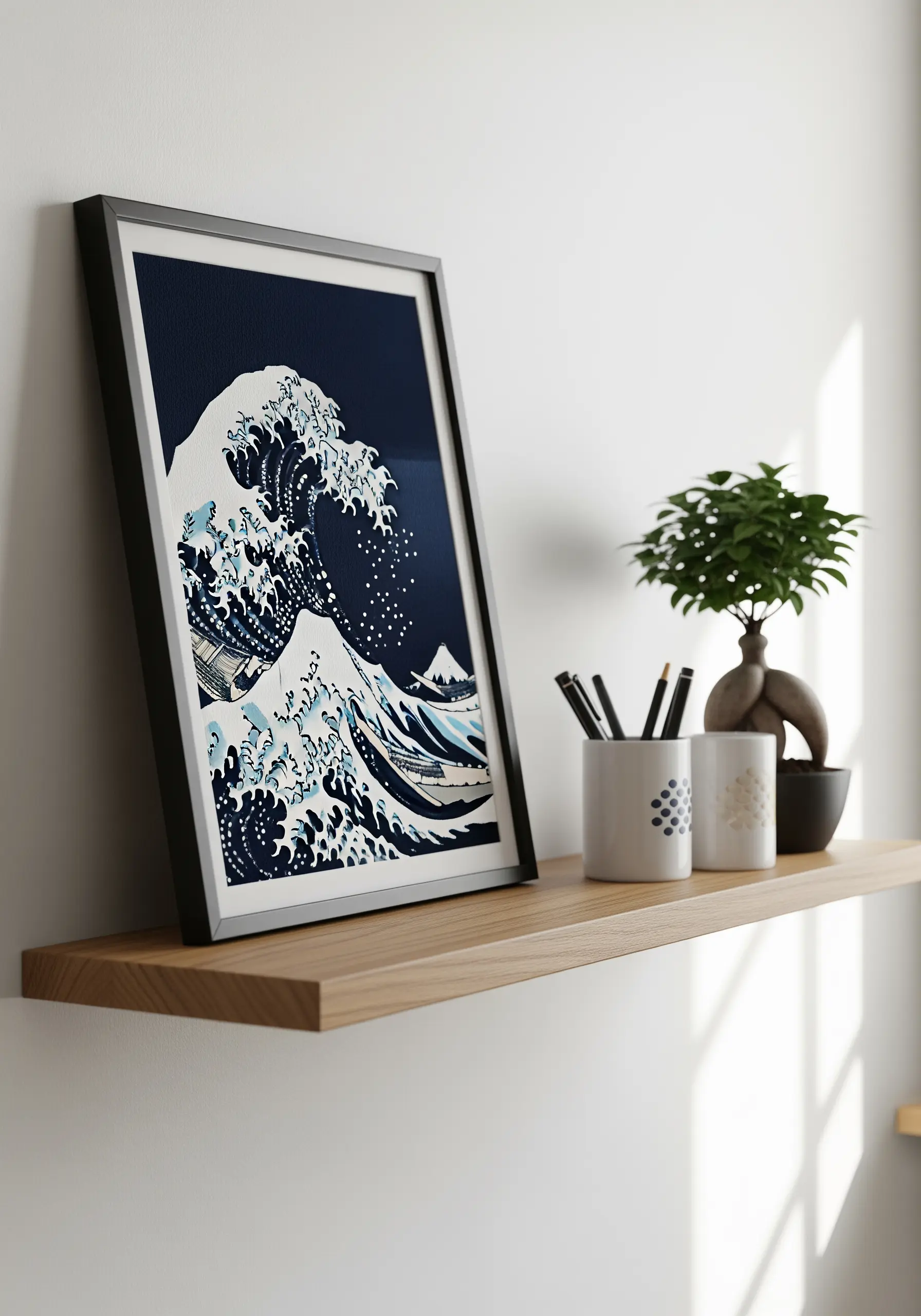An embroidered version of 'The Great Wave off Kanagawa' with textured stitches for the water and foam.