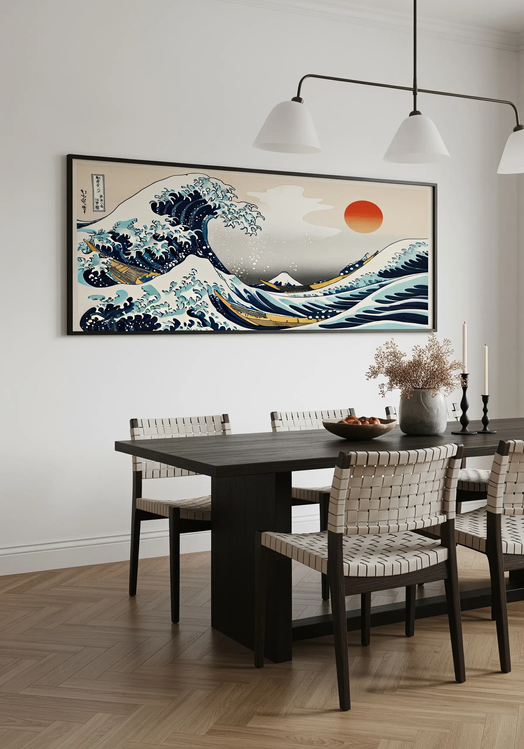 Large framed embroidery of 'The Great Wave off Kanagawa' with detailed stitch work.