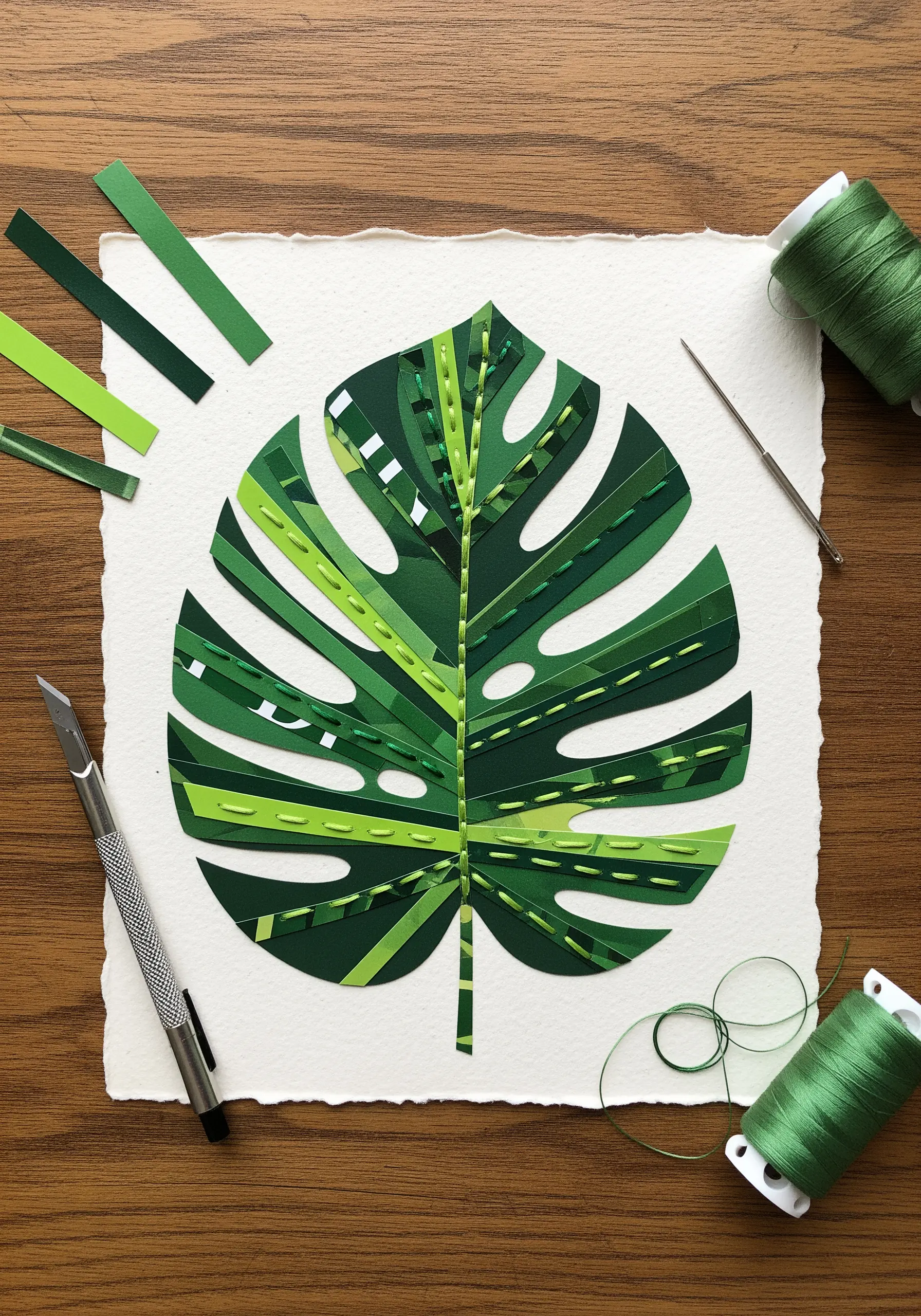 A paper collage monstera leaf with green thread stitched down the center.
