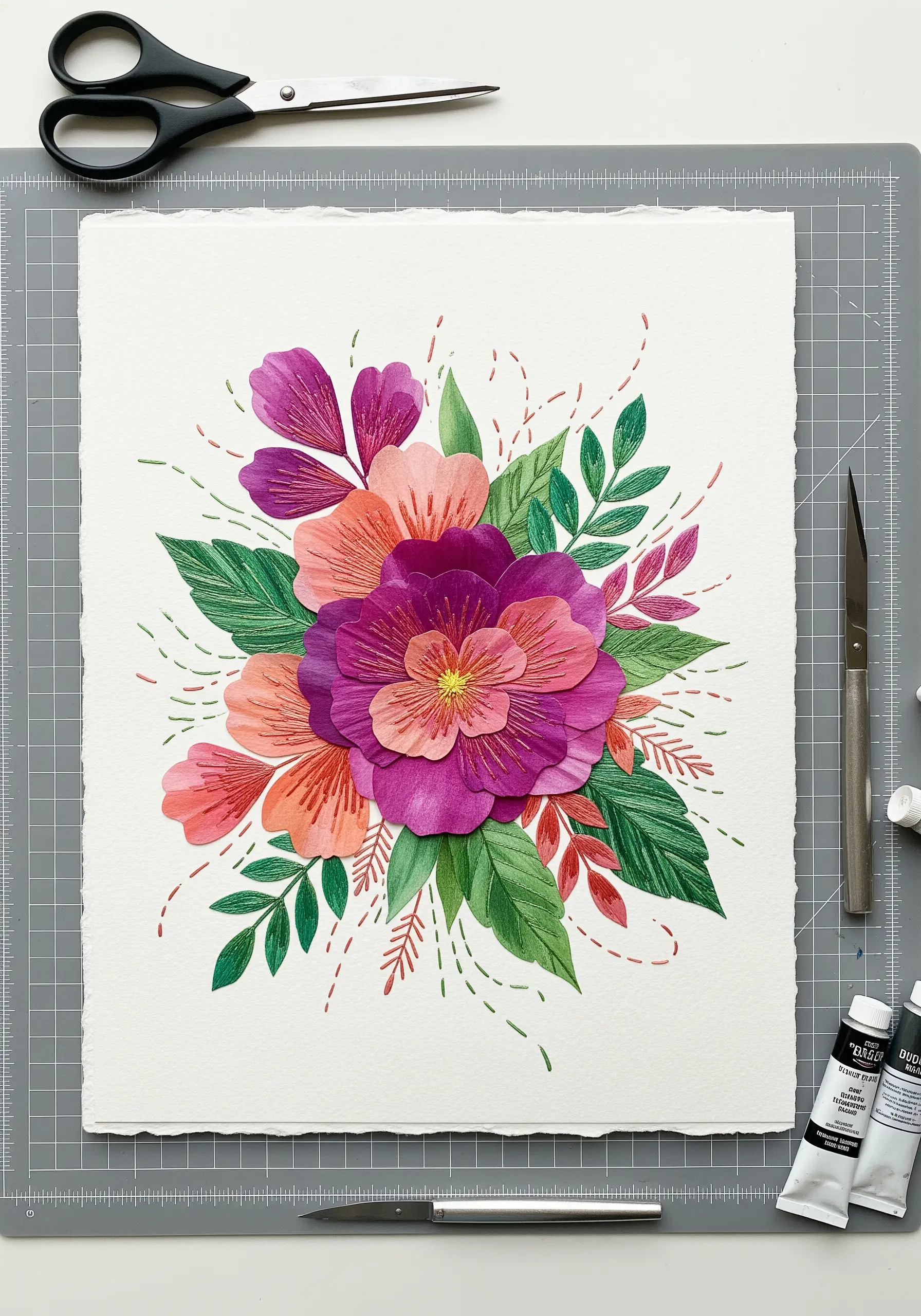 A vibrant floral bouquet made from layered, painted paper with dashed stitch-like marks.