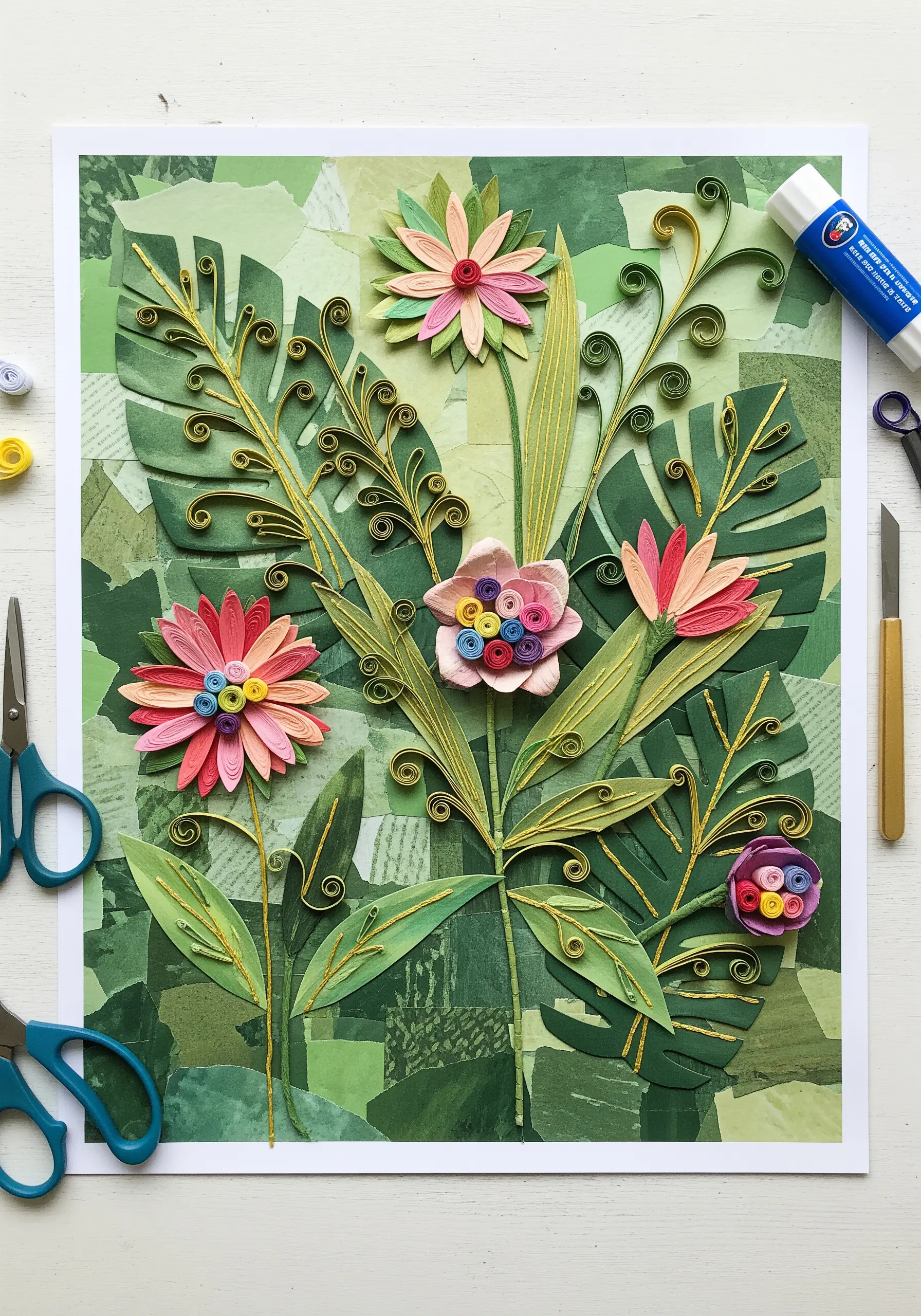 Paper collage of tropical flowers and leaves with gold quilled details on a green background.