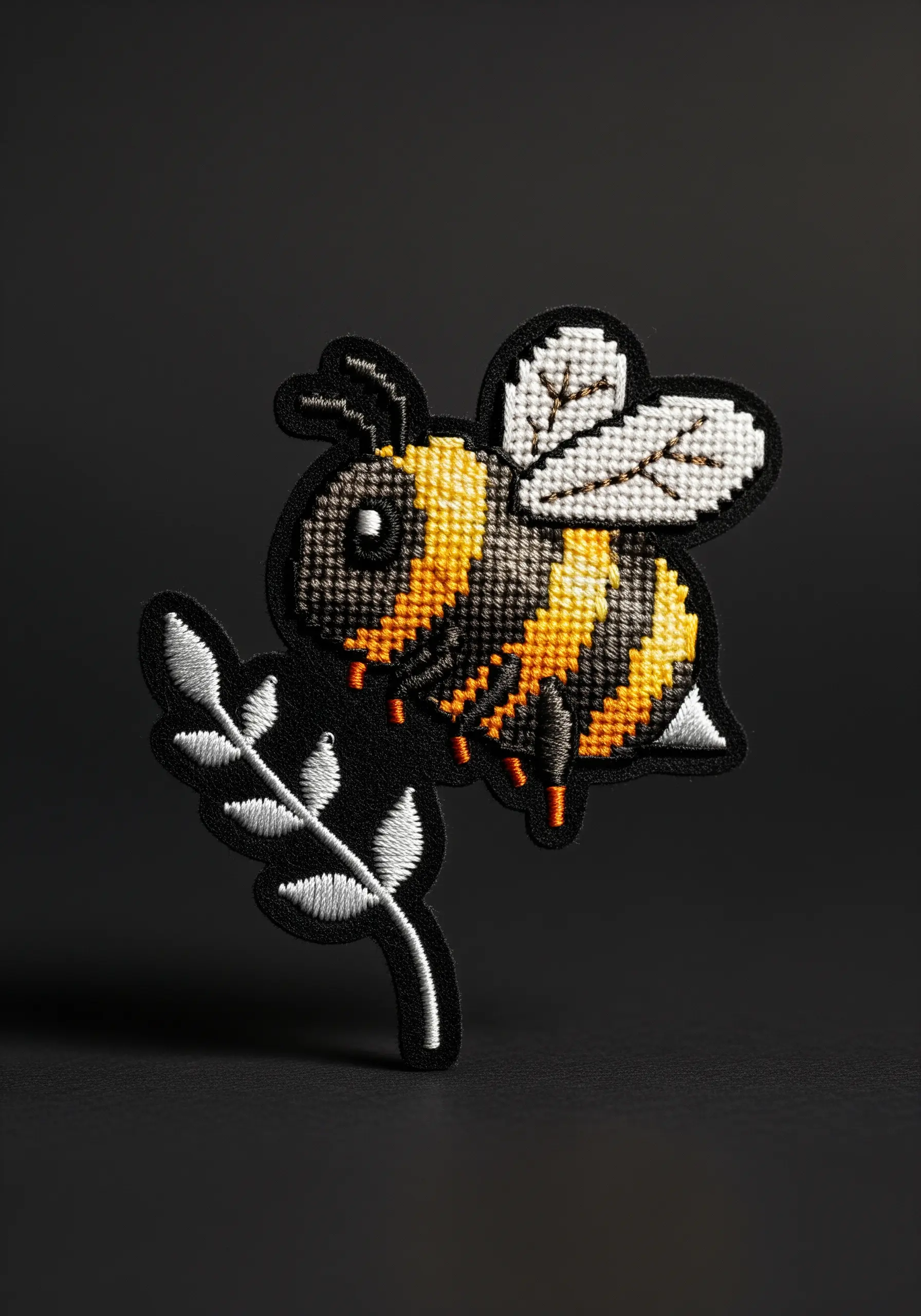 A pixelated bee cross-stitch patch with a small white embroidered sprig.