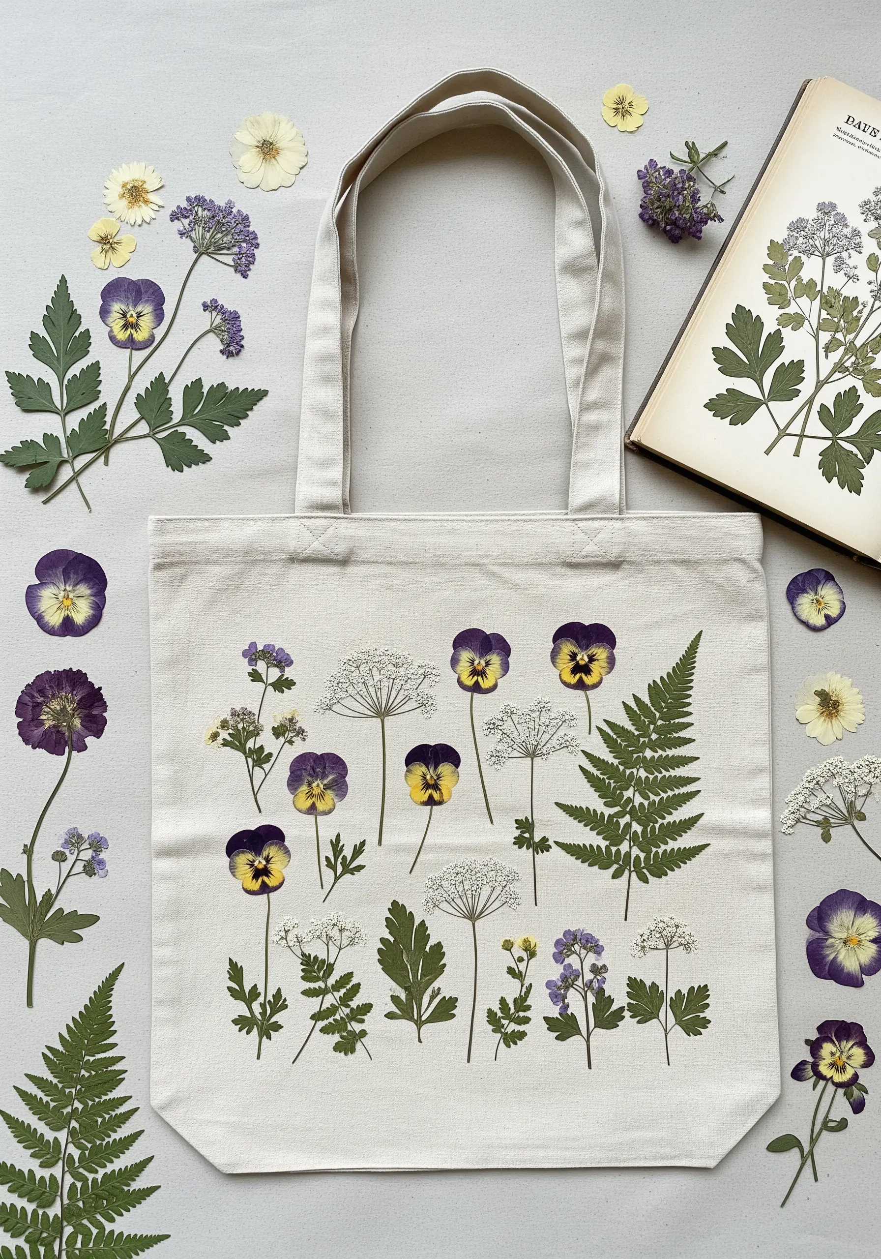 Embroidery inspired by pressed flowers like pansies, ferns, and Queen Anne's lace.