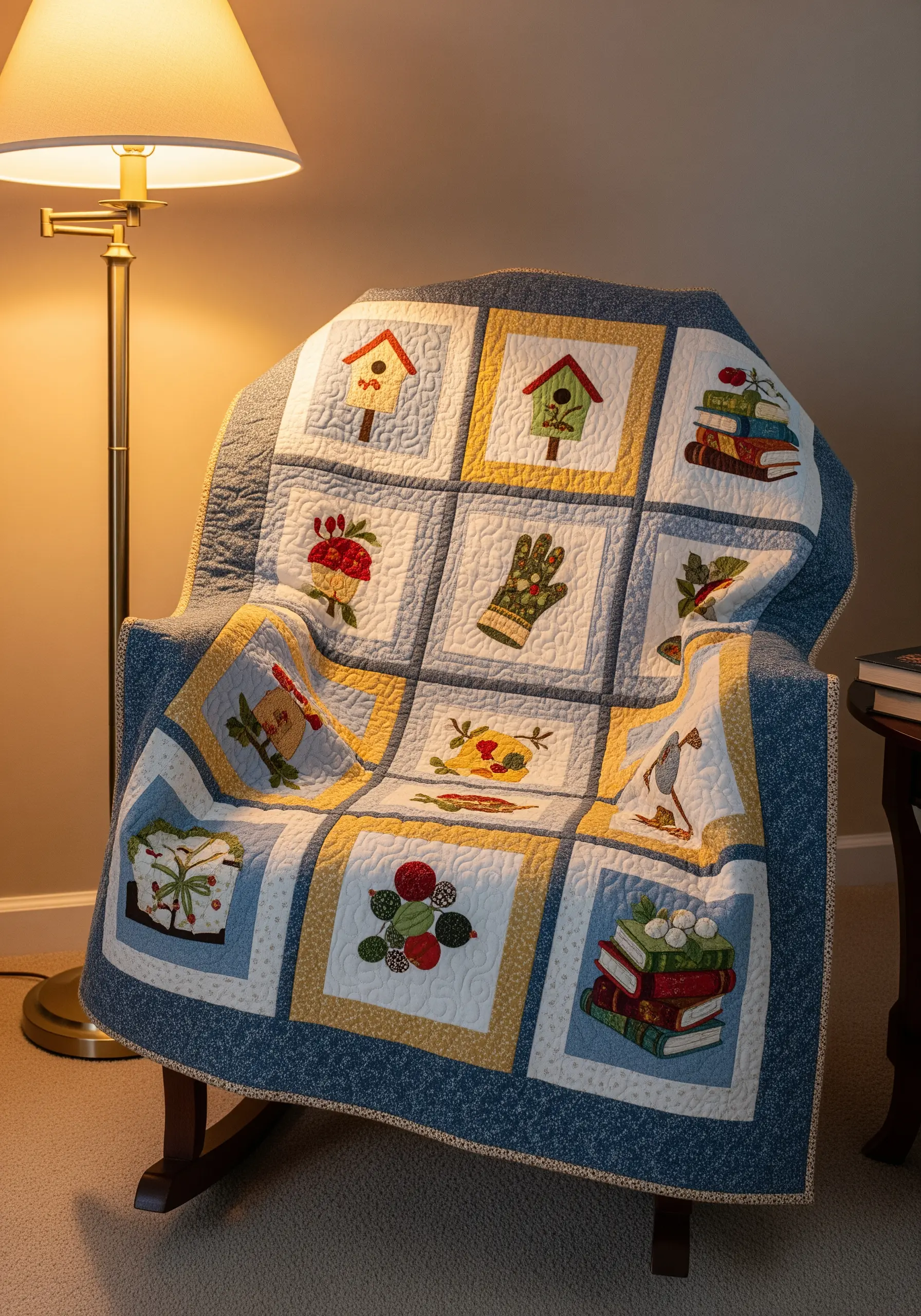 A quilt with nine blocks, each featuring an appliqué cottage-core motif.