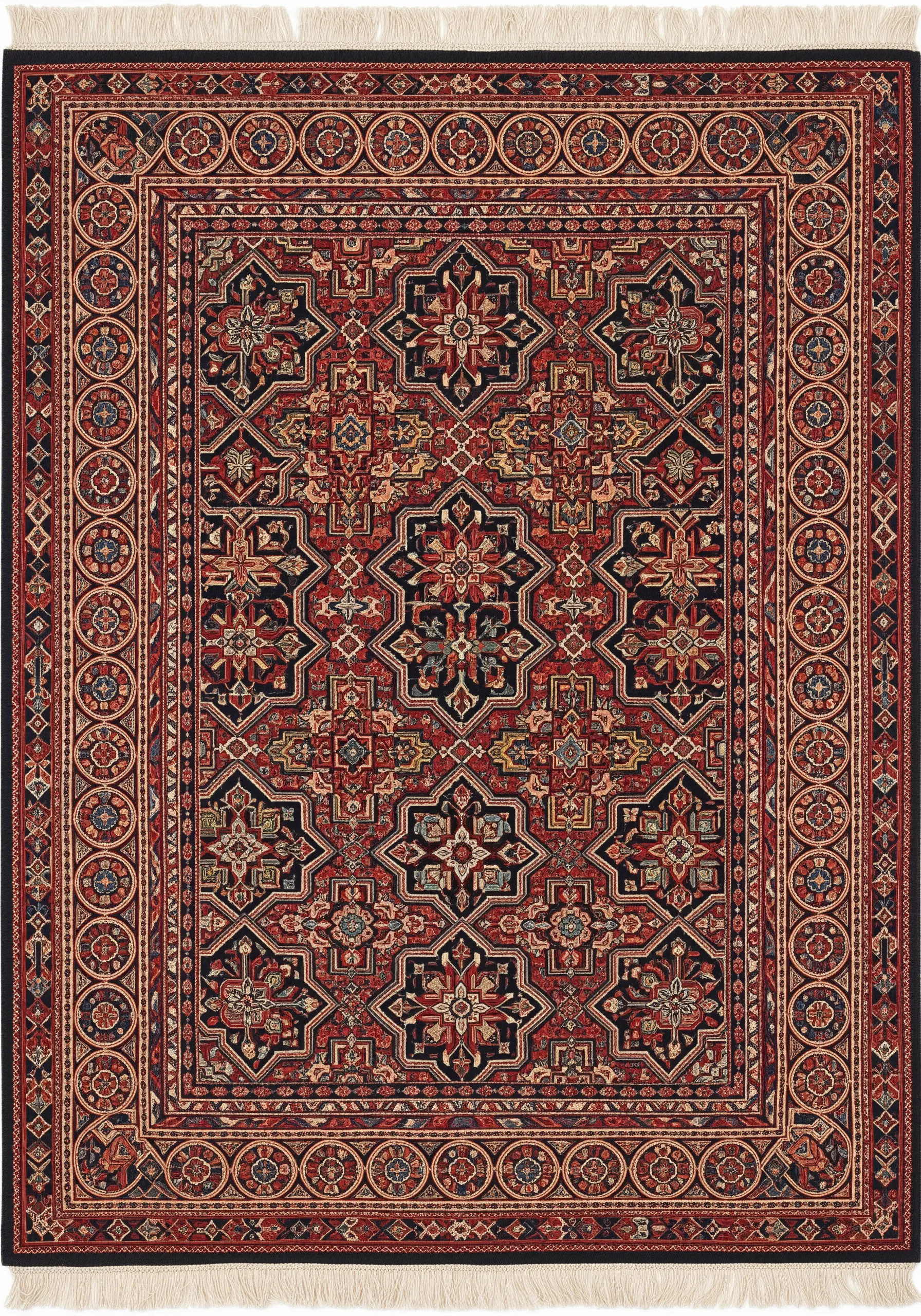 An overhead view of a complex, geometric Persian-style rug with intricate patterns.