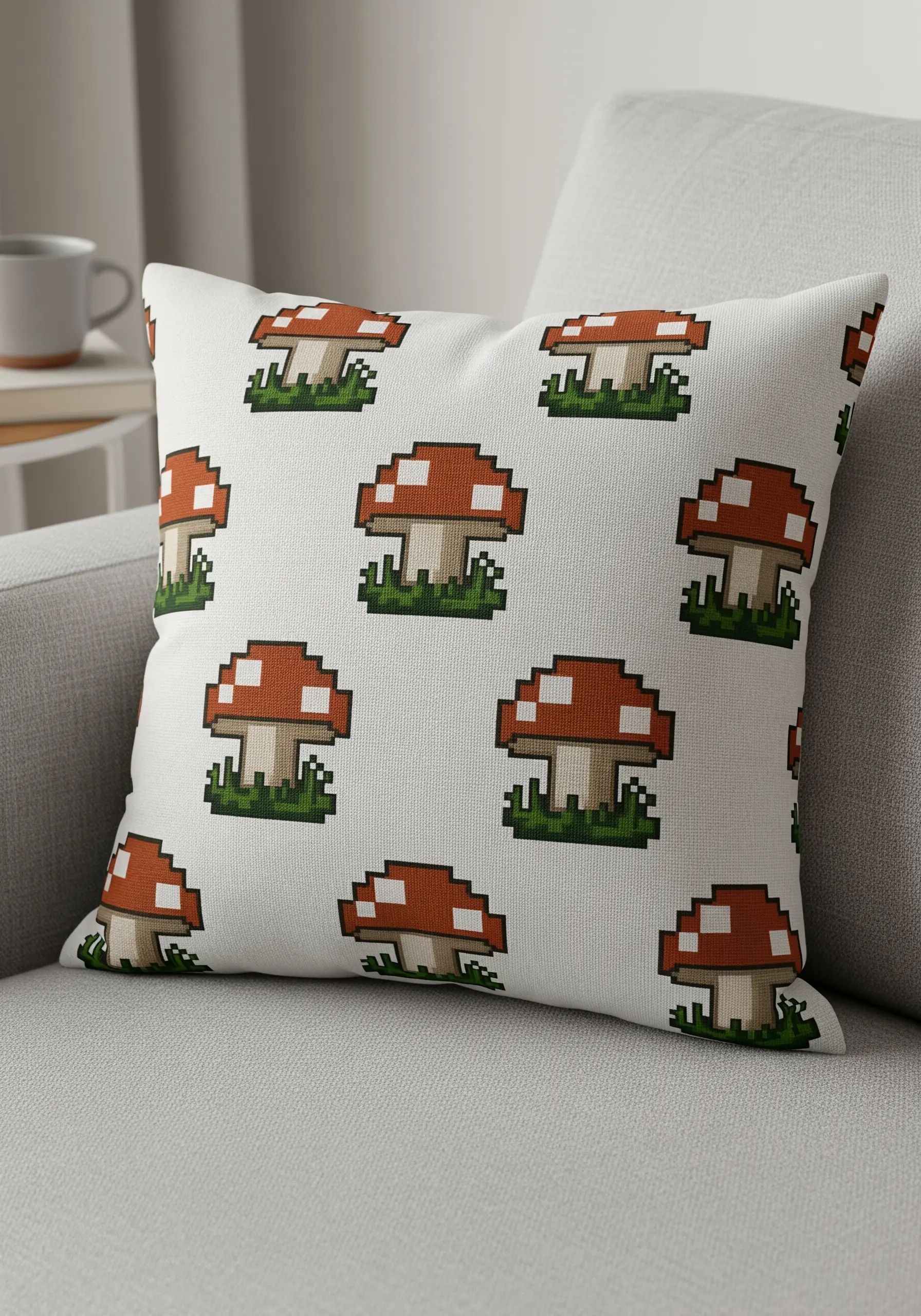 A couch pillow decorated with a repeating pattern of pixel art mushrooms.