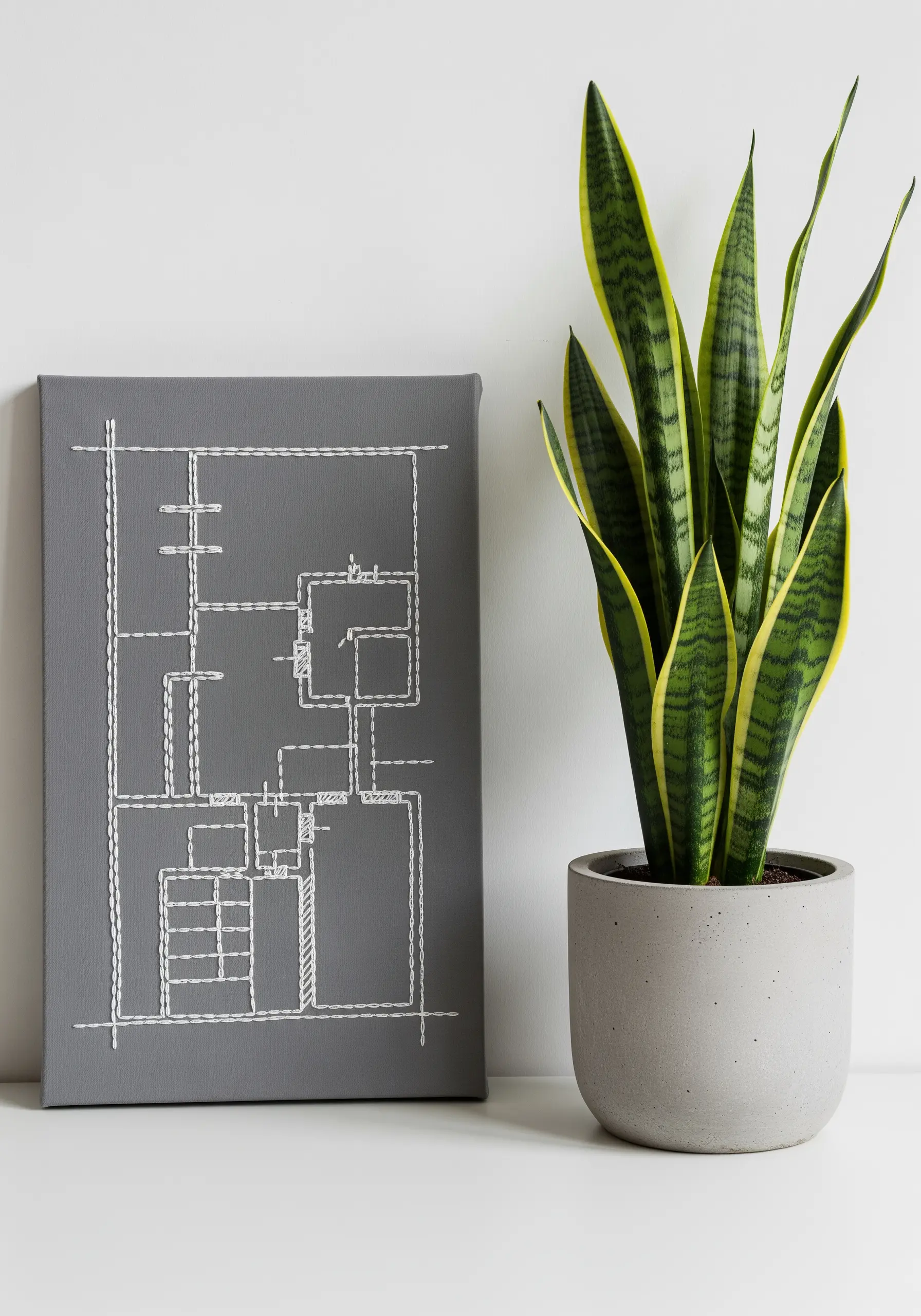 White thread embroidery of a house floor plan on grey stretched canvas.
