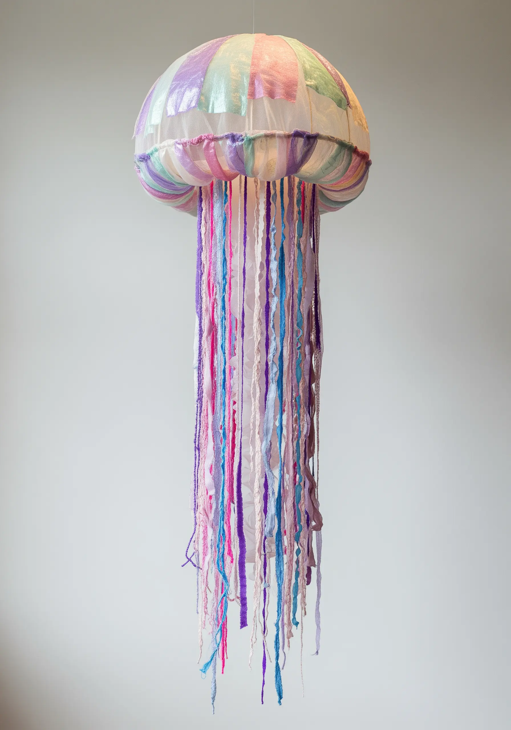 A 3D jellyfish lantern made from patched fabric strips and ribbon tentacles.