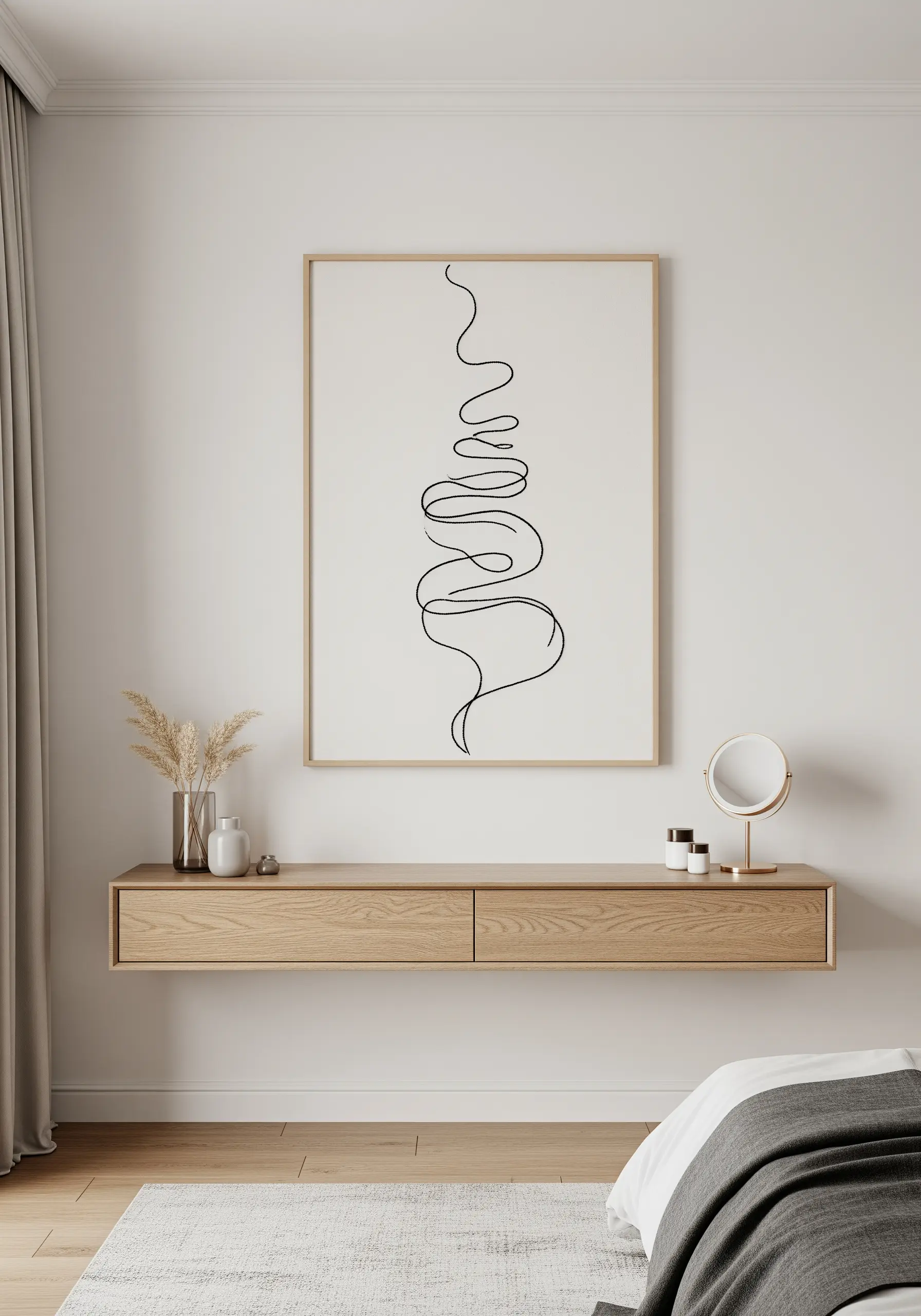 A single abstract, swirling black line embroidered on off-white fabric in a frame.