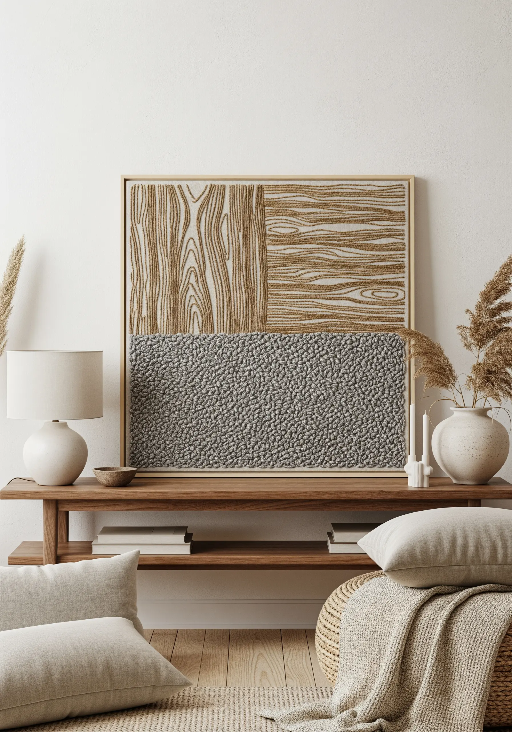 Abstract embroidery mimicking wood grain and pebble textures with thread.