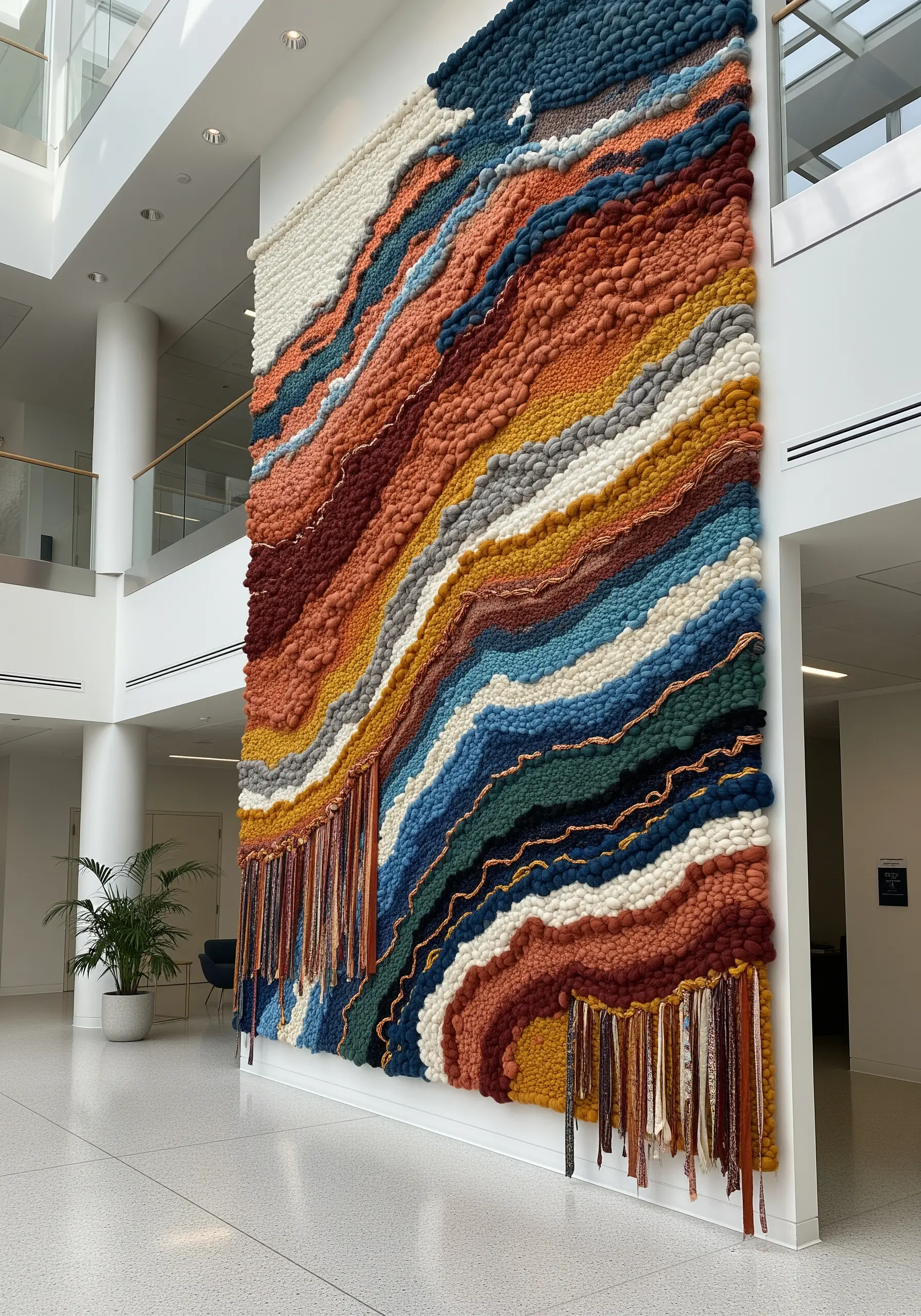 A massive, colorful woven wall tapestry with rich, varied textures in an airy lobby.