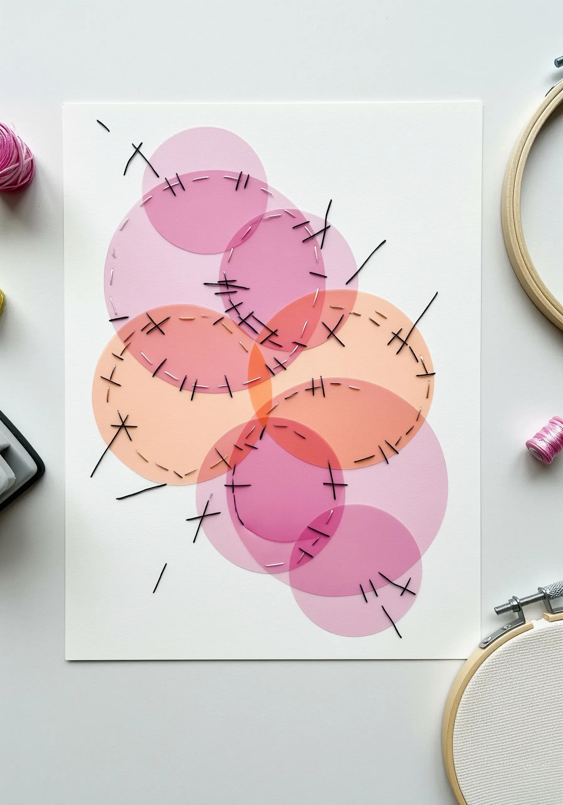 Overlapping pink and orange vellum circles secured with black cross stitches
