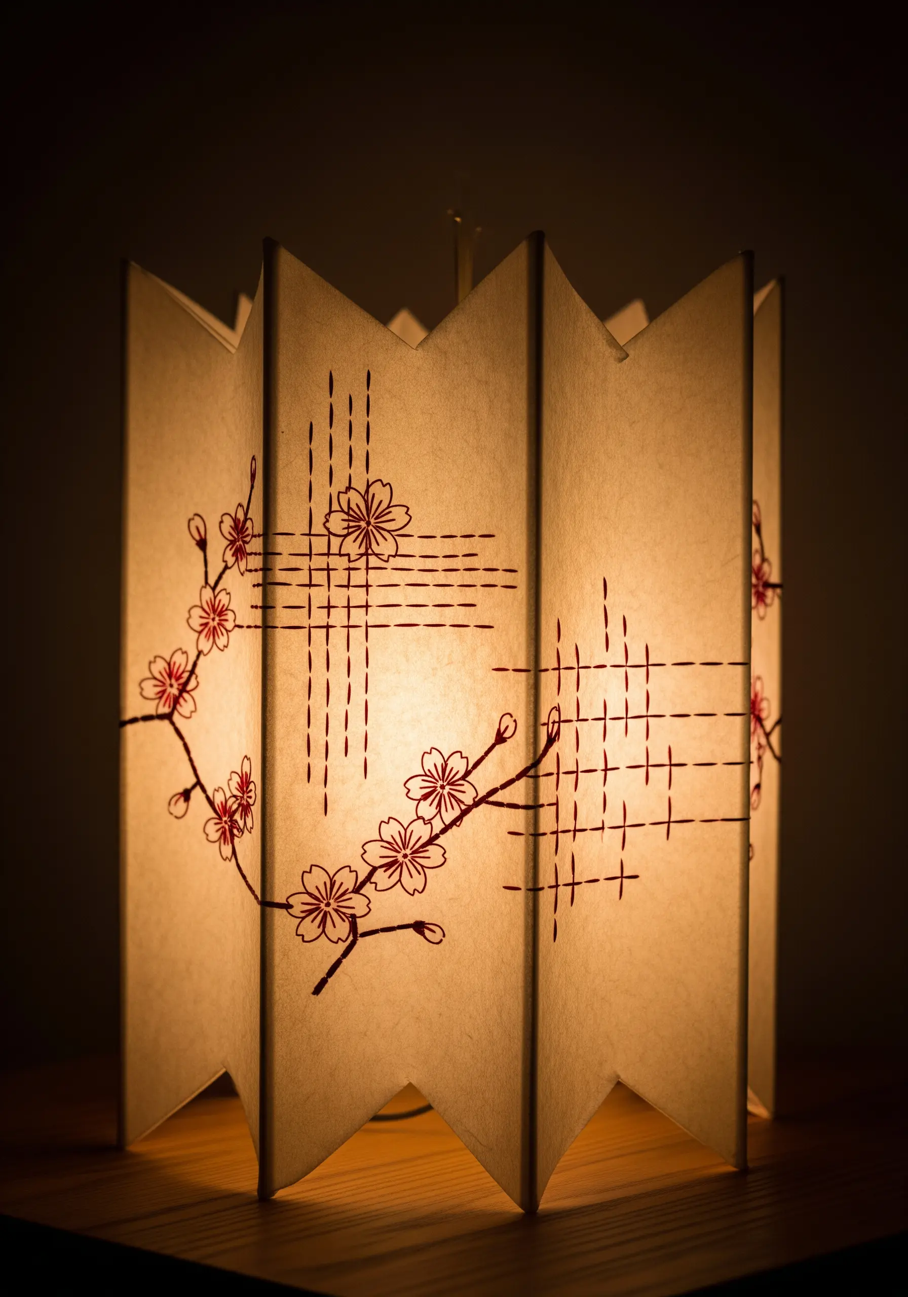 A folded paper lantern illuminated from within, showcasing an embroidered cherry blossom design.