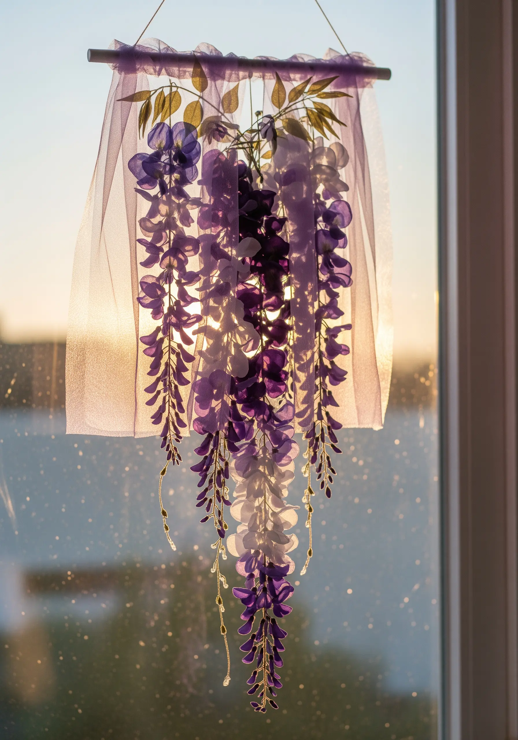 A wisteria suncatcher made from layered sheer purple fabrics hanging in a sunny window.