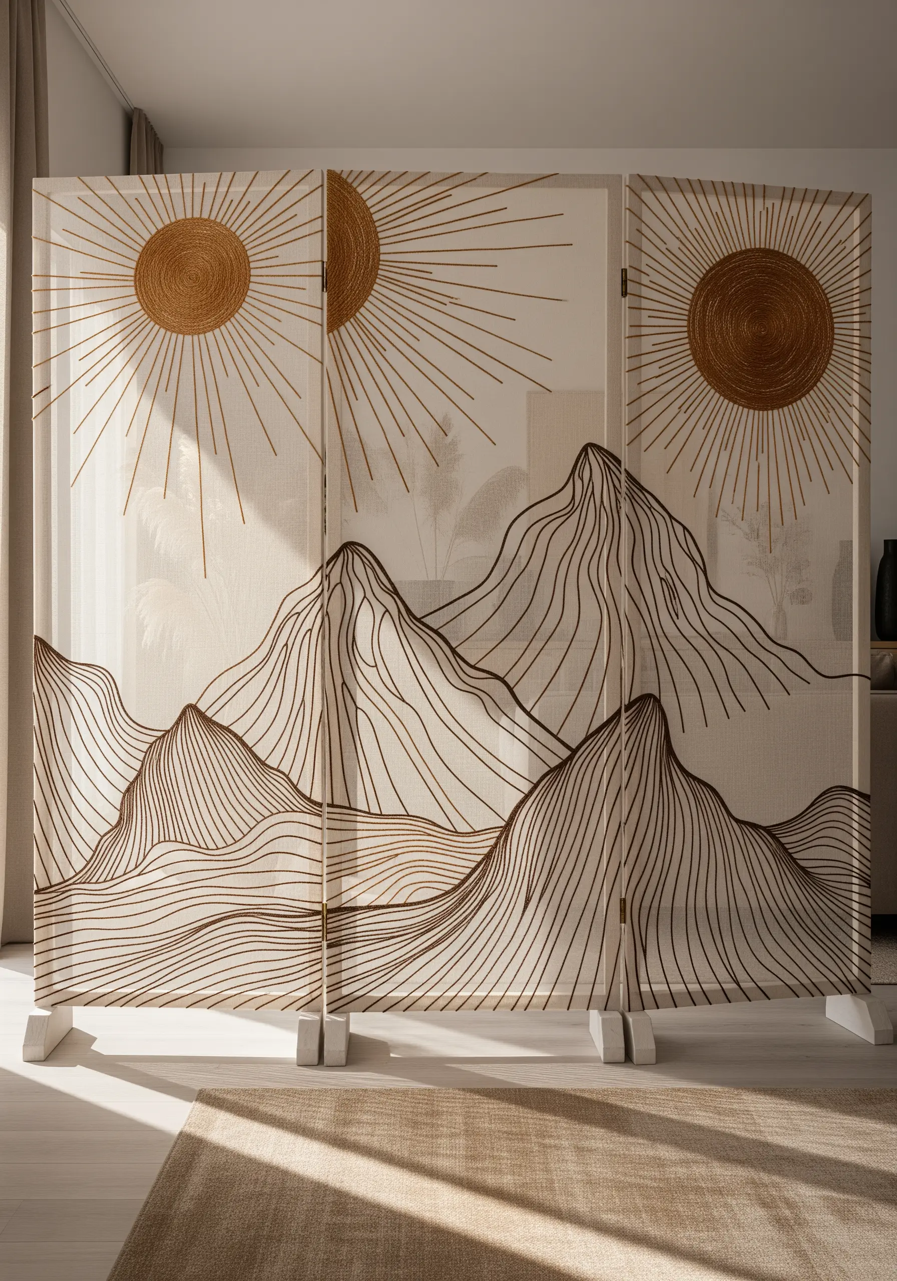 Room divider screen with sun and mountain line art embroidery