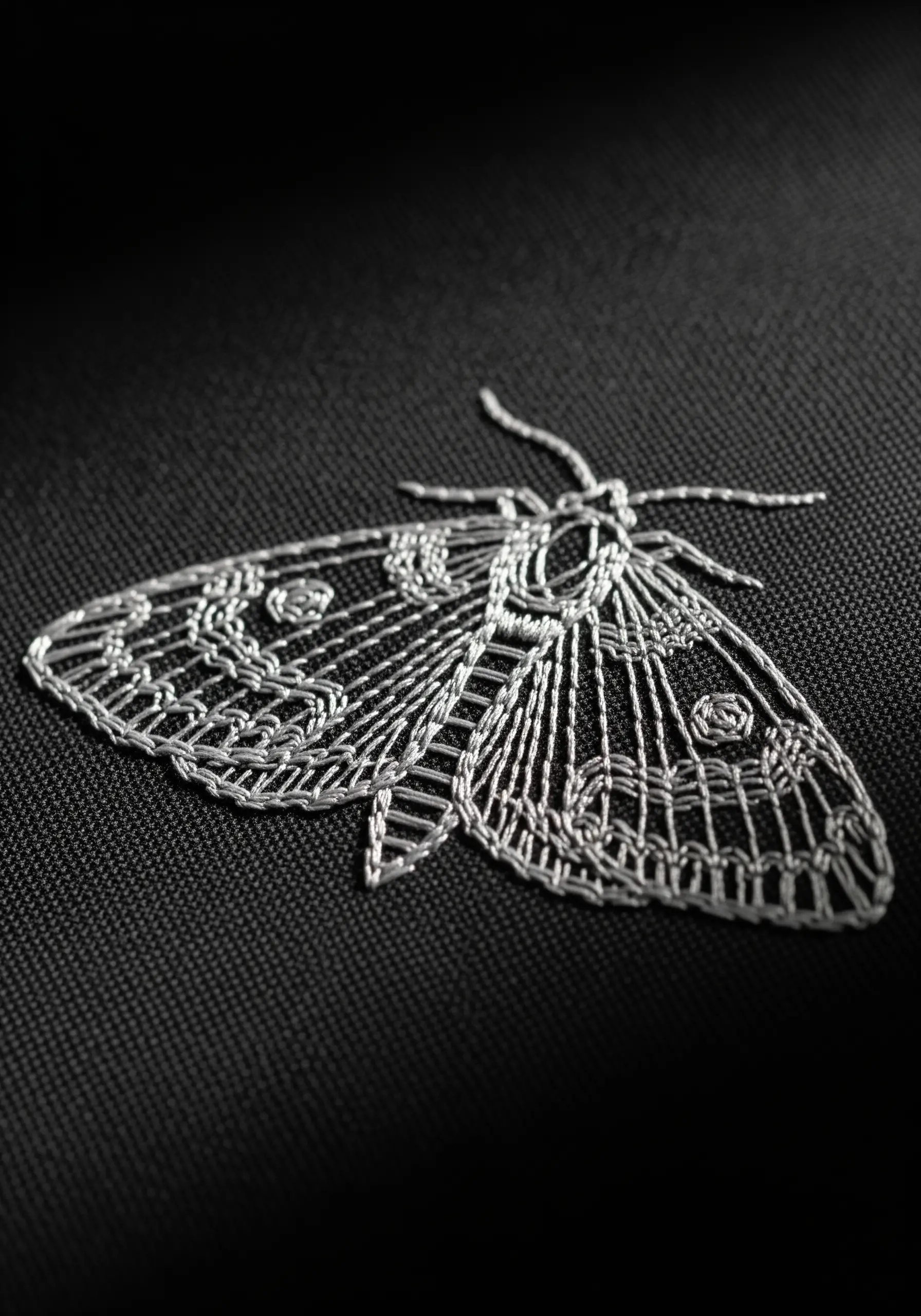 An intricate moth embroidered in fine white line work on a black fabric background.