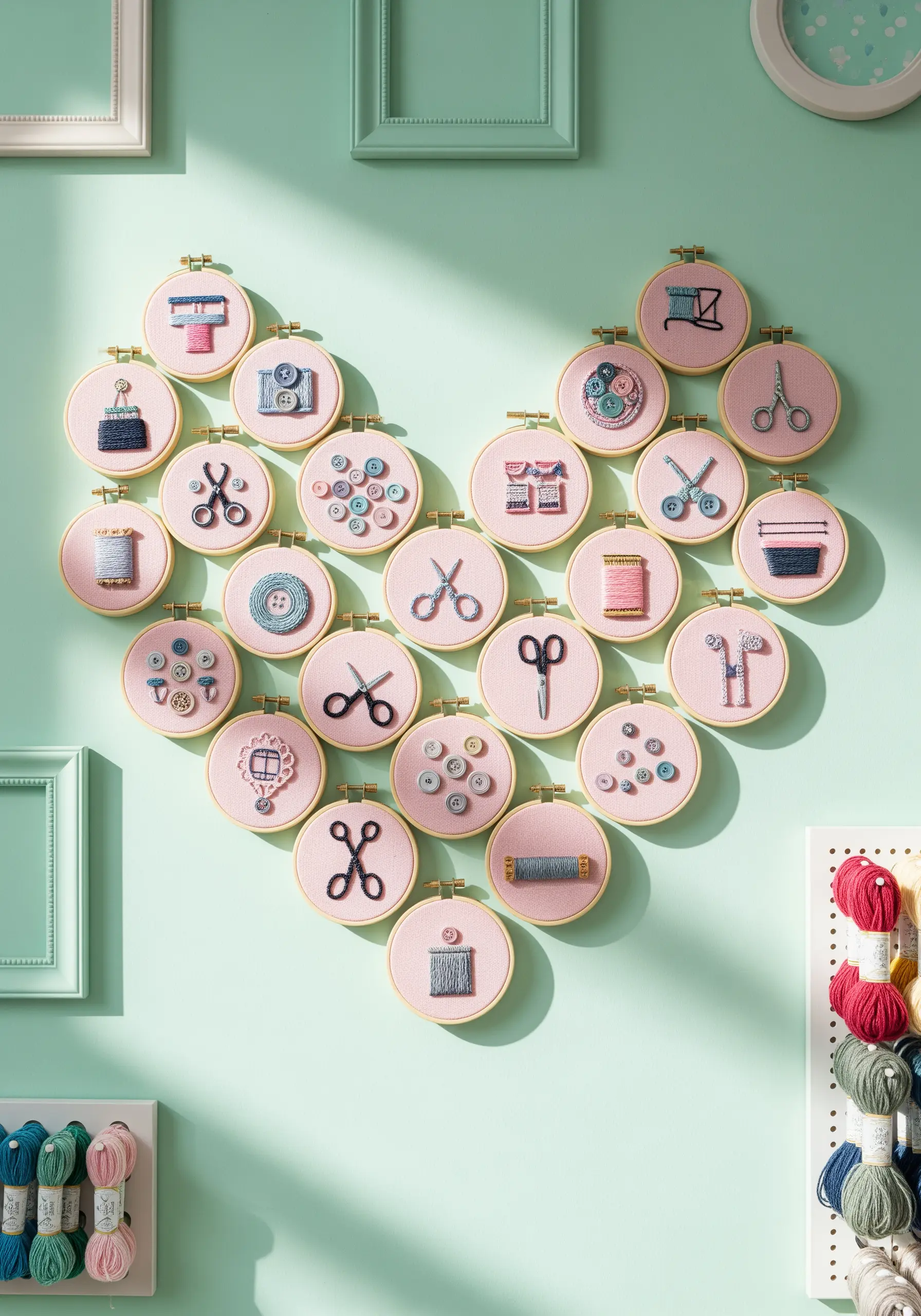 Miniature embroidery of sewing tools arranged in a heart shape