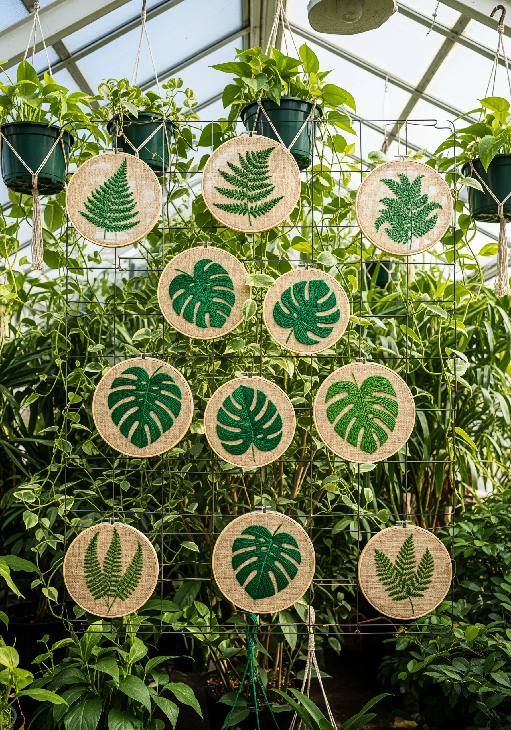 Green tropical leaf embroidery hoops hanging on a wire grid