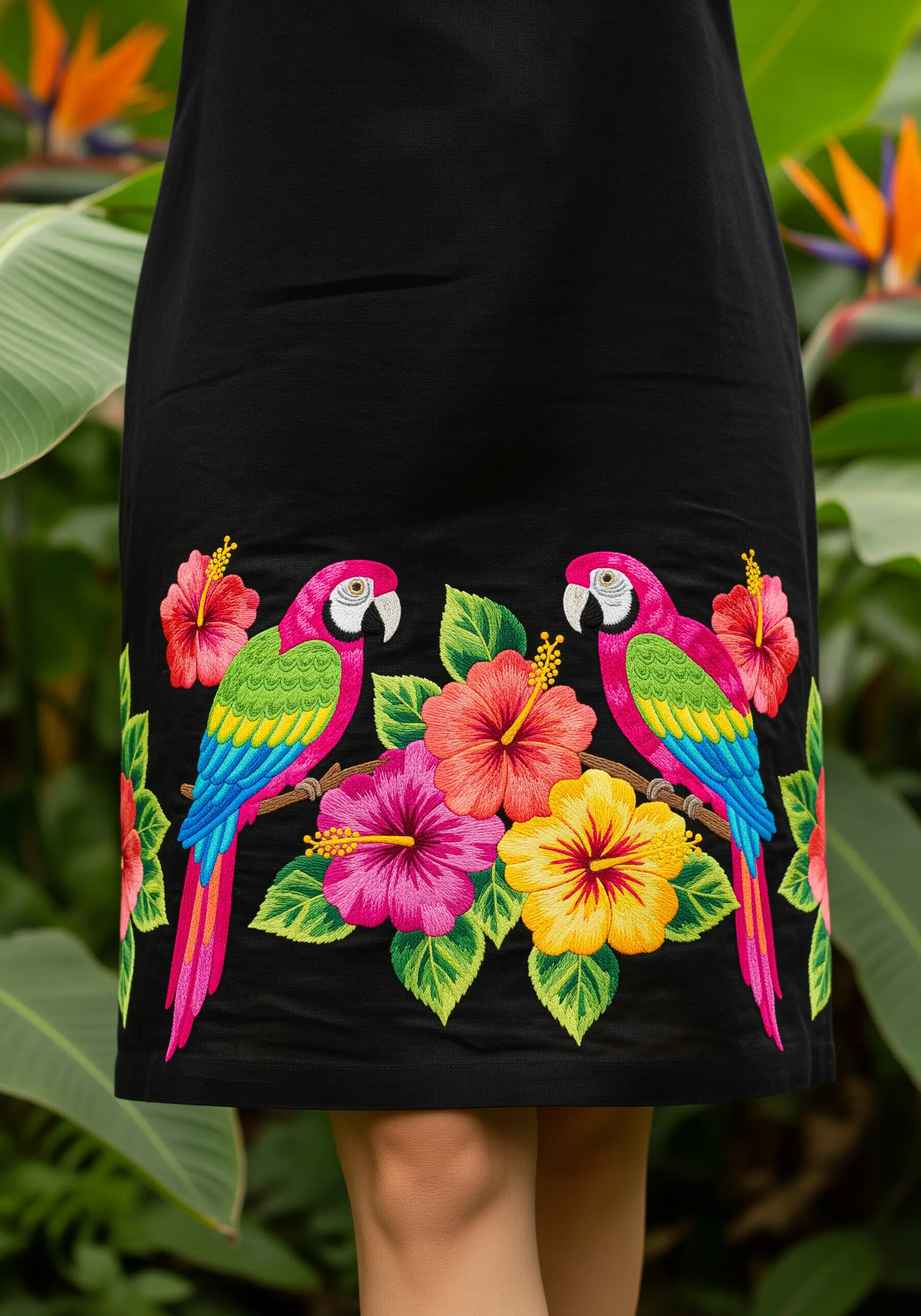 Black dress hem with colorful embroidered parrots and hibiscus flowers