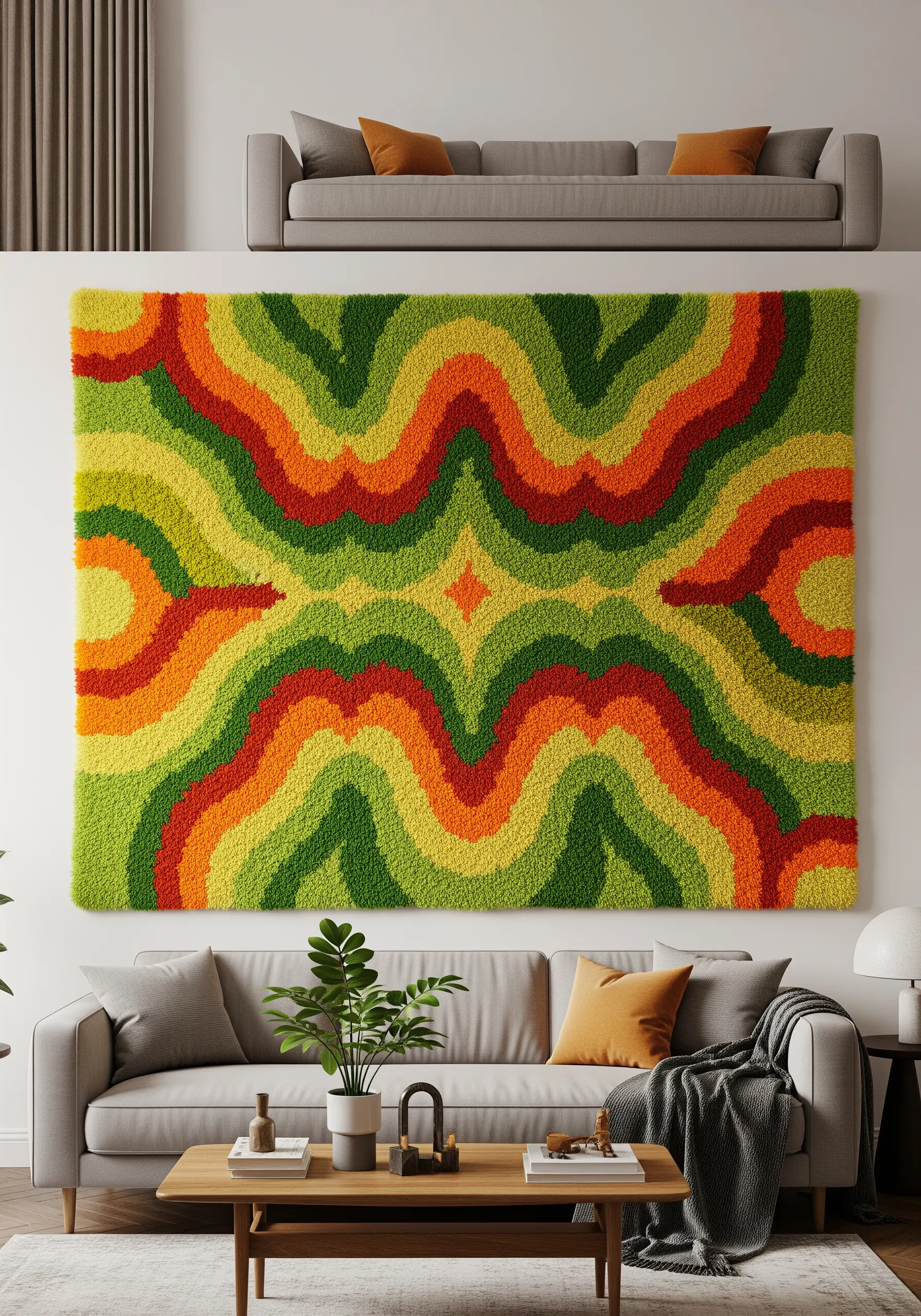 A large, tufted wall hanging with a wavy, symmetrical pattern in green, orange, and yellow.