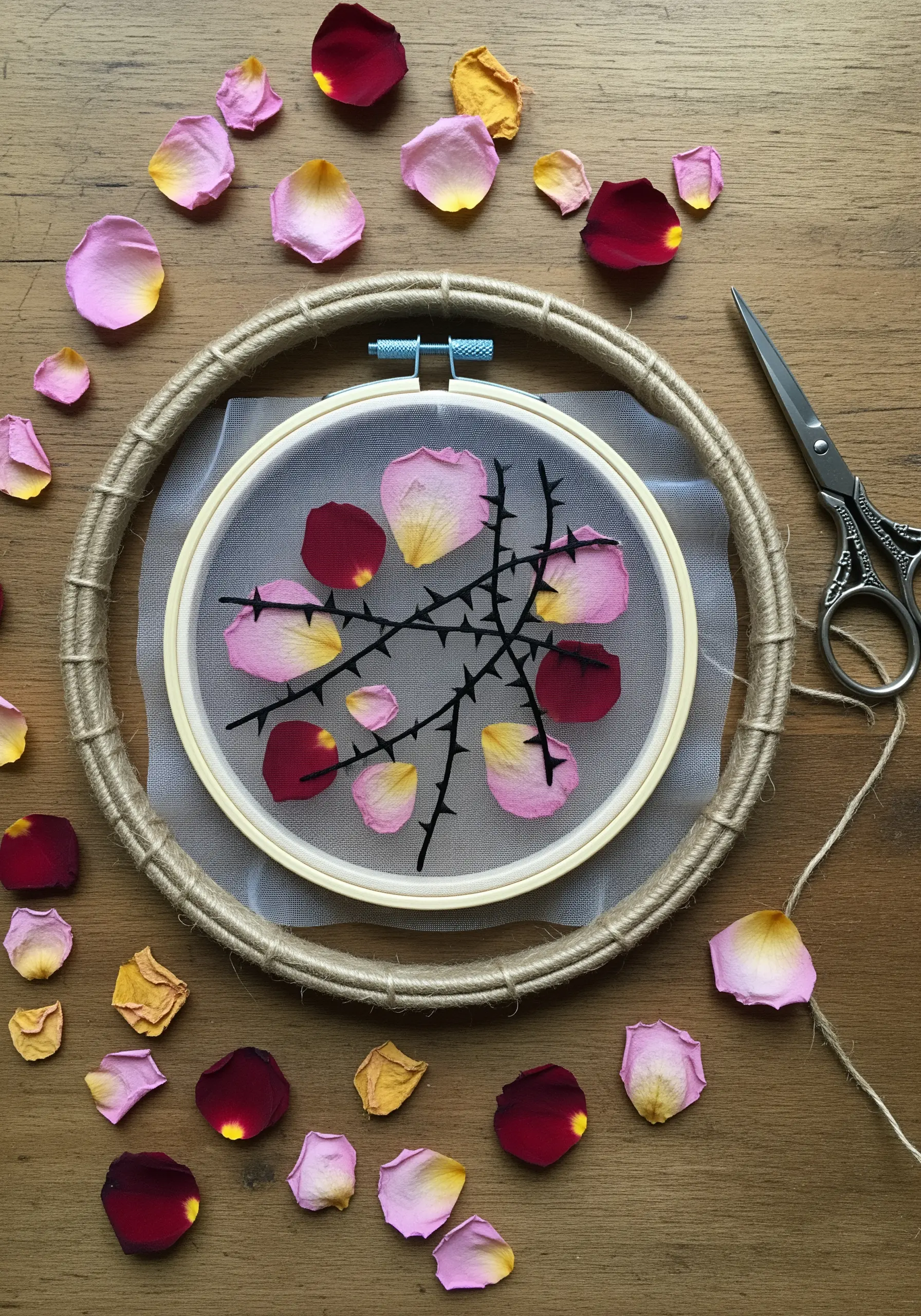 Rose petals and black stitched thorns on a tulle hoop