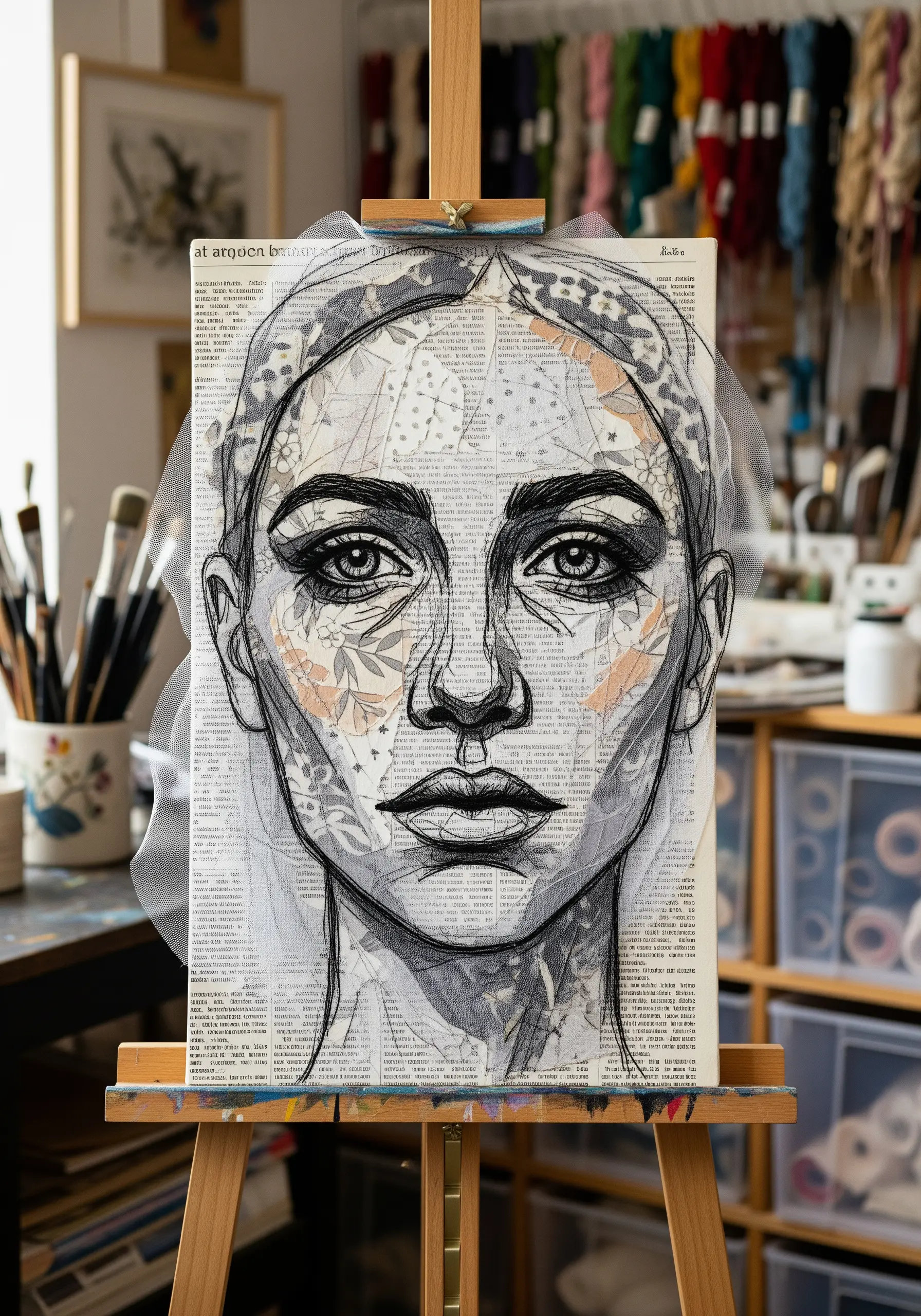 Portrait embroidery over tulle and fabric collage