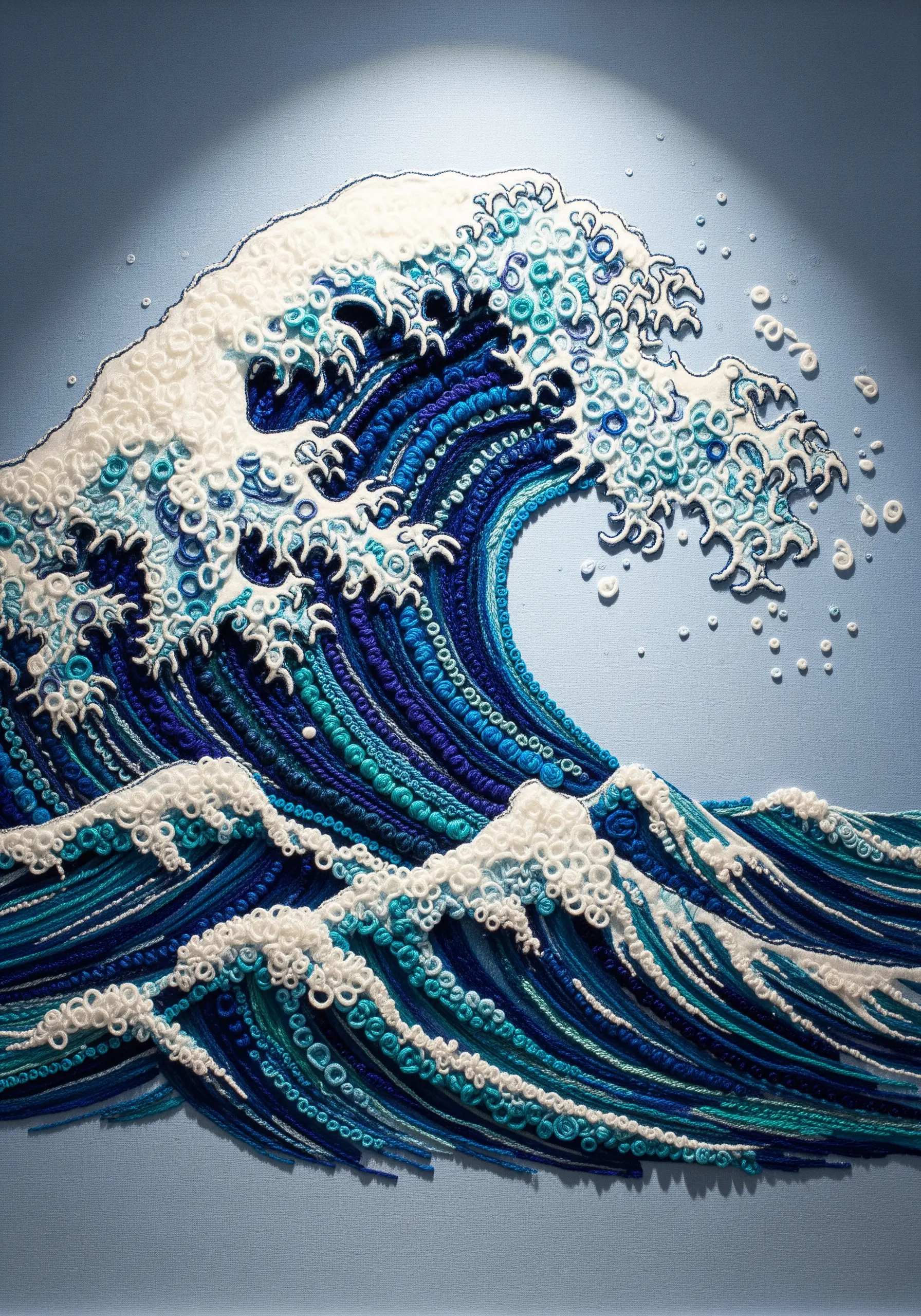 A detailed embroidery of a great wave, with sea foam made from masses of white French knots.