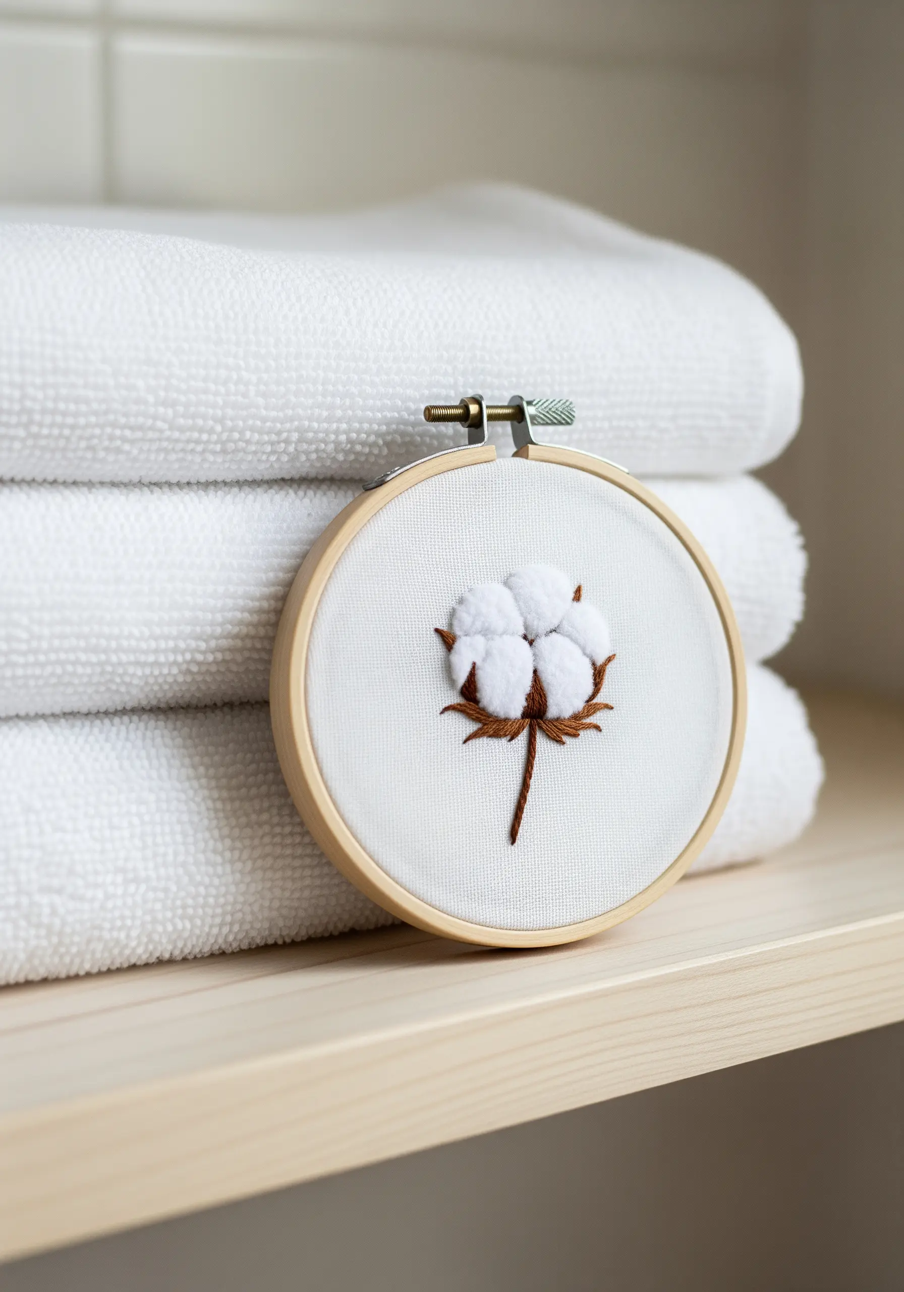 A single cotton boll with fluffy white turkey work and a smooth brown satin stitch husk.
