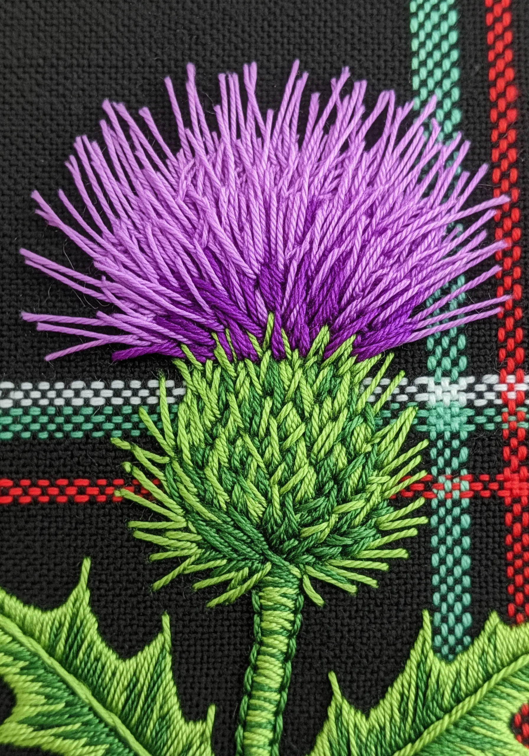 Purple thistle embroidery using turkey work for a fluffy texture
