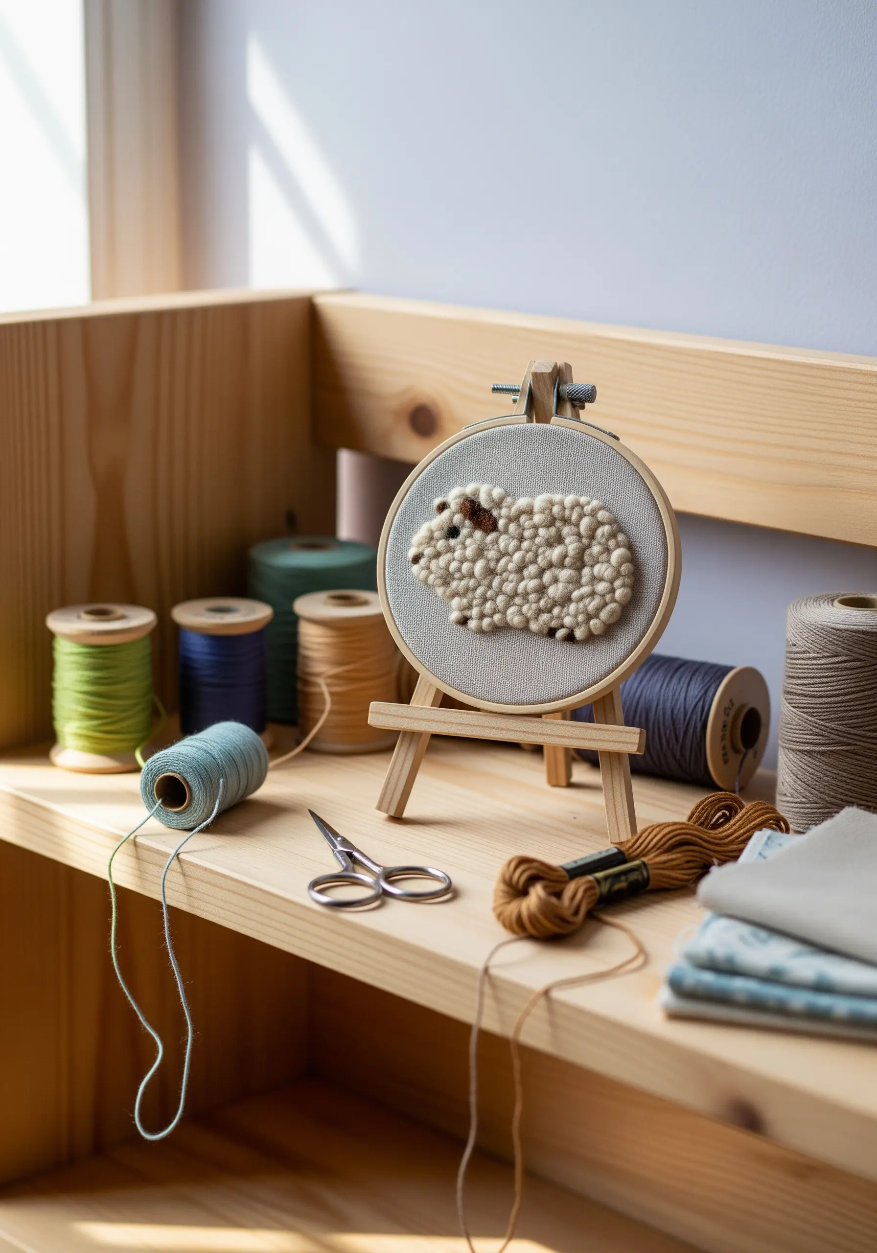 Sheep embroidery using loop stitches for 3D wool texture