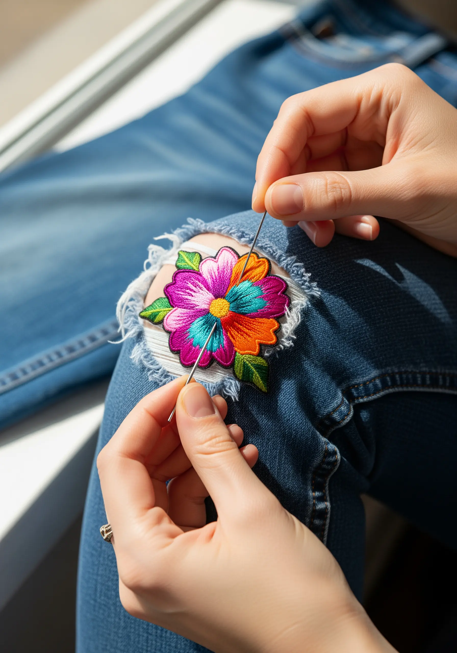 A hand stitching a colorful floral embroidered patch over a hole in blue jeans