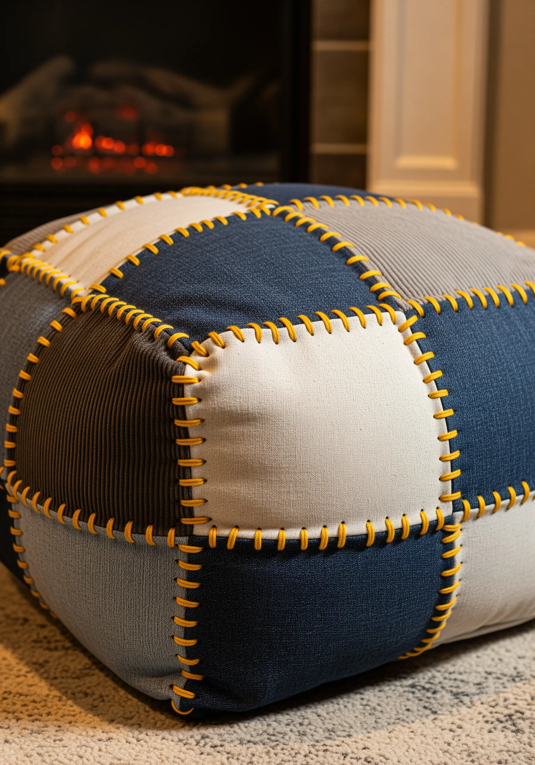 A patchwork floor pouf made of denim and canvas with thick yellow blanket stitches